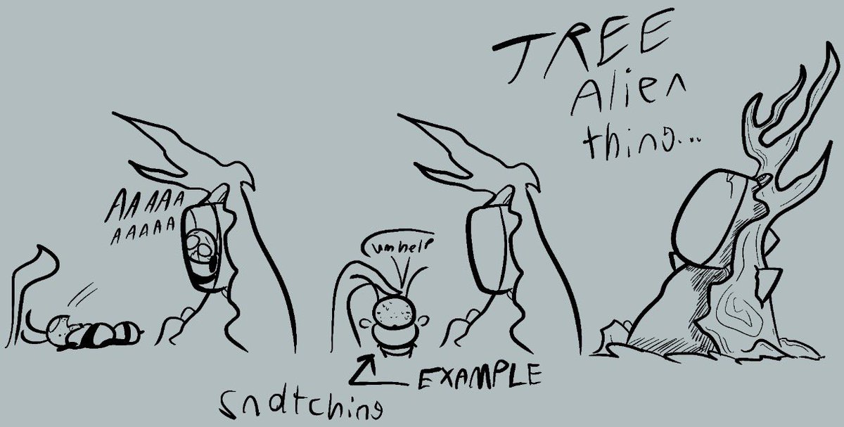 SooplaleBugman's tweet photo. Also had a dream this morning about a alien tree machine thing snatching bugs minds so drew it as to not forget it prob will add more onto it later tomorrow #bugfables #bugfablesau #doodle https://t.co/syugNVnPfm