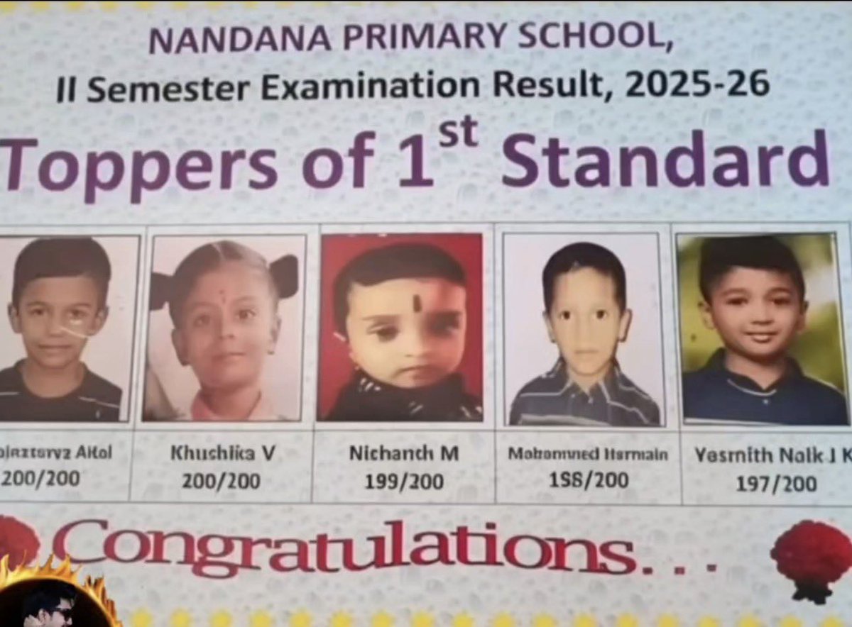 tathvamasi6's tweet photo. What is this? 😳

Toppers for 1st class students?

Are they running a school or a competitive business?

This happened in Nandana Primary School, Shivamogga, Karnataka.

Will any organization act on this? Will govt cancel school license? https://t.co/qjgqmKlmDX