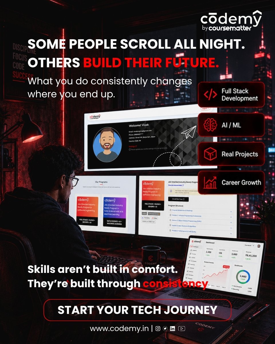 codemy181529's tweet photo. Some people scroll all night.

Others build their future.

💻 Full Stack 
🤖 AI/ML 
🚀 Real Projects

CODEMY is for builders.

Start your tech journey - https://t.co/B6OXvBy7vX https://t.co/6uy3grNayi