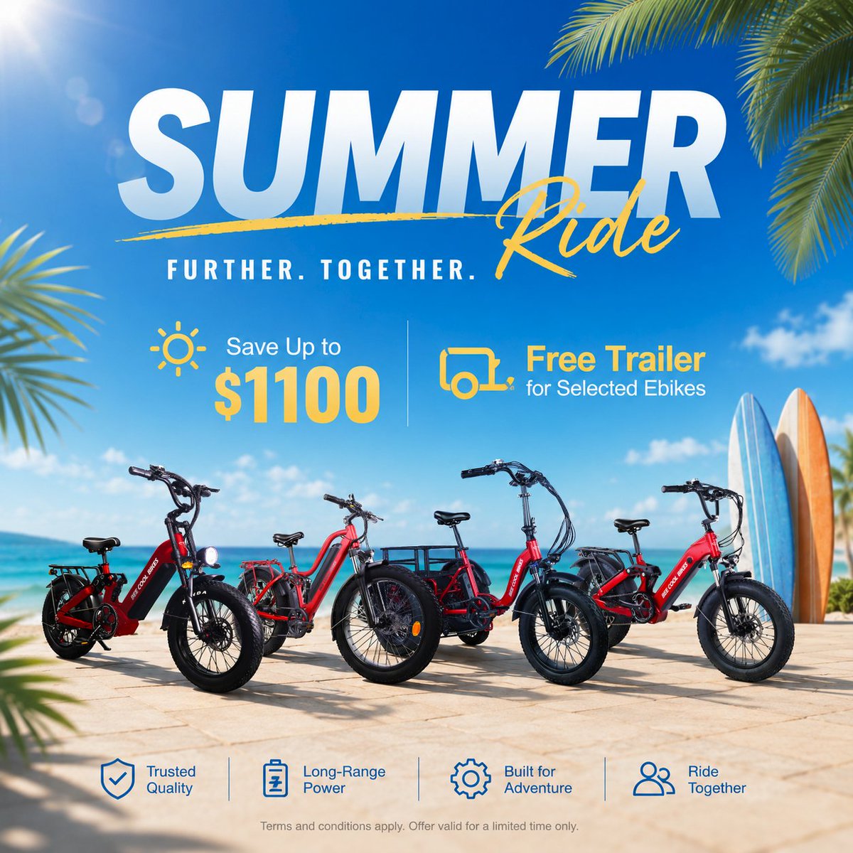 BeecoolBikes's tweet photo. 🍻Summer Rides Start with BeeCool Bikes☀️
🌴Save up to $1100 on BeeCool Bikes ebikes this summer! Selected models include a free trailer.
https://t.co/Z2aP0RKSe5
#BeeCoolBikes #SummerSale #EBikeLife #ElectricBike #RideMore #FamilyAdventure #OutdoorLifestyle #SummerRide https://t.co/SdxJeON7zL