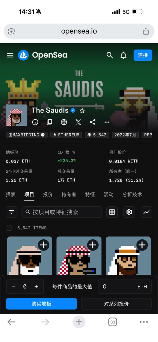 沙特阿拉伯朋克，还以为是土狗，

一看成立于2022年的老OG，总交易量1万ETH。

暴涨了230%，怕是要浇给了。