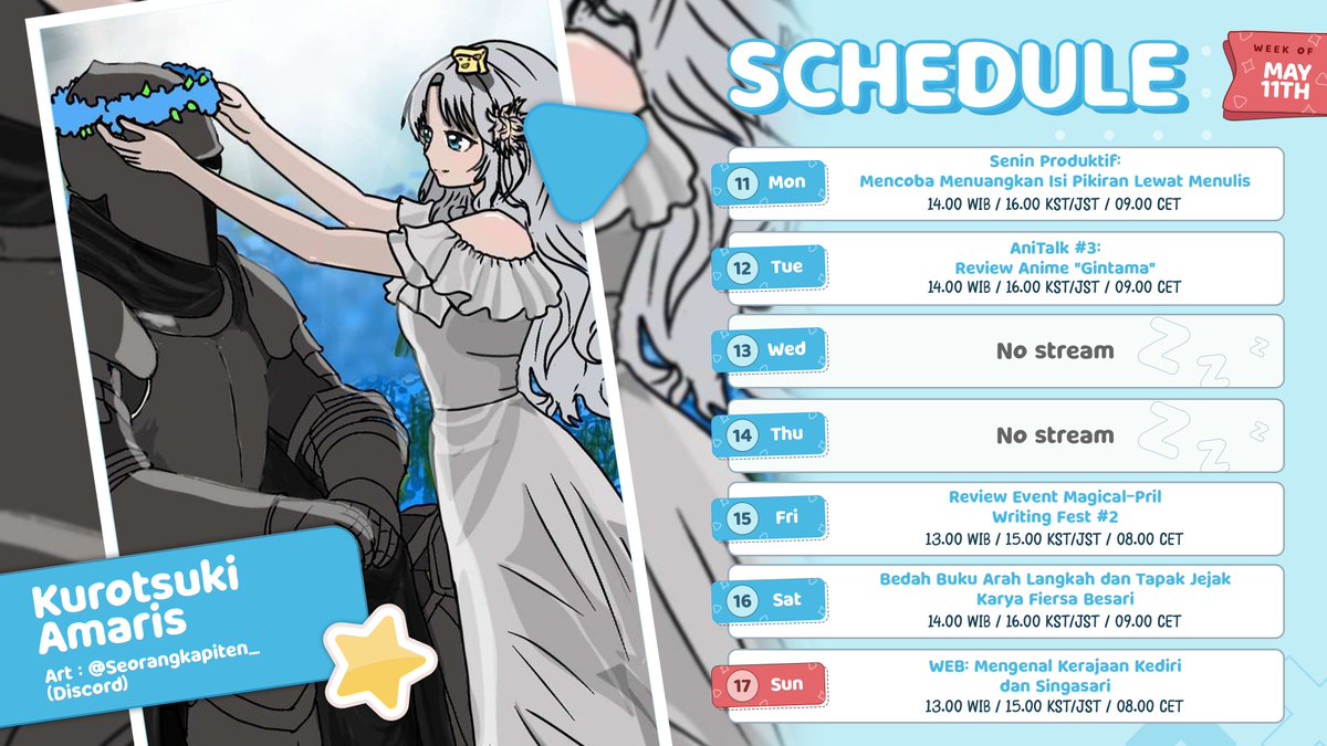 KuroAmaris's tweet photo. ✒️ SCHEDULE 11 - 17 MEI! ✒️

Di hari rabu dan kamis kita guerilla dulu yaa, soalnya harus nganterin lappy ganti baterai! Yuk ditonton semua yaa 🤭

✒️General: #KurotsukiAmaris
✒️Live: #AmariStream
✒️Fanart: #Artmaris
✒️Meme: #AmariSilly
✒️Clip: #Amarishots
✒️Fan name: Amarizzing https://t.co/UvBdLJ79md