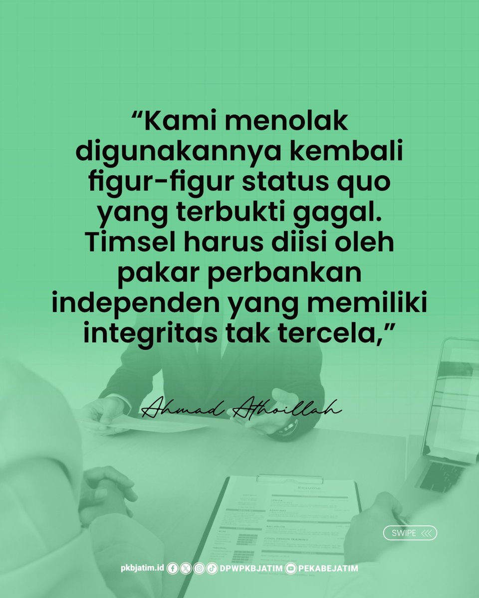 dpwpkbjatim_'s tweet photo. PKB mendorong evaluasi total Timsel Bank Jatim.

Ahmad Athoillah menegaskan seleksi direksi harus profesional, transparan, dan bebas kepentingan politik.
PKB juga memberi waktu 12 bulan untuk perbaikan nyata tata kelola BUMD. ⚖️

#DPWPKBJatim #BankJatim #BUMD https://t.co/Xin0y965yH