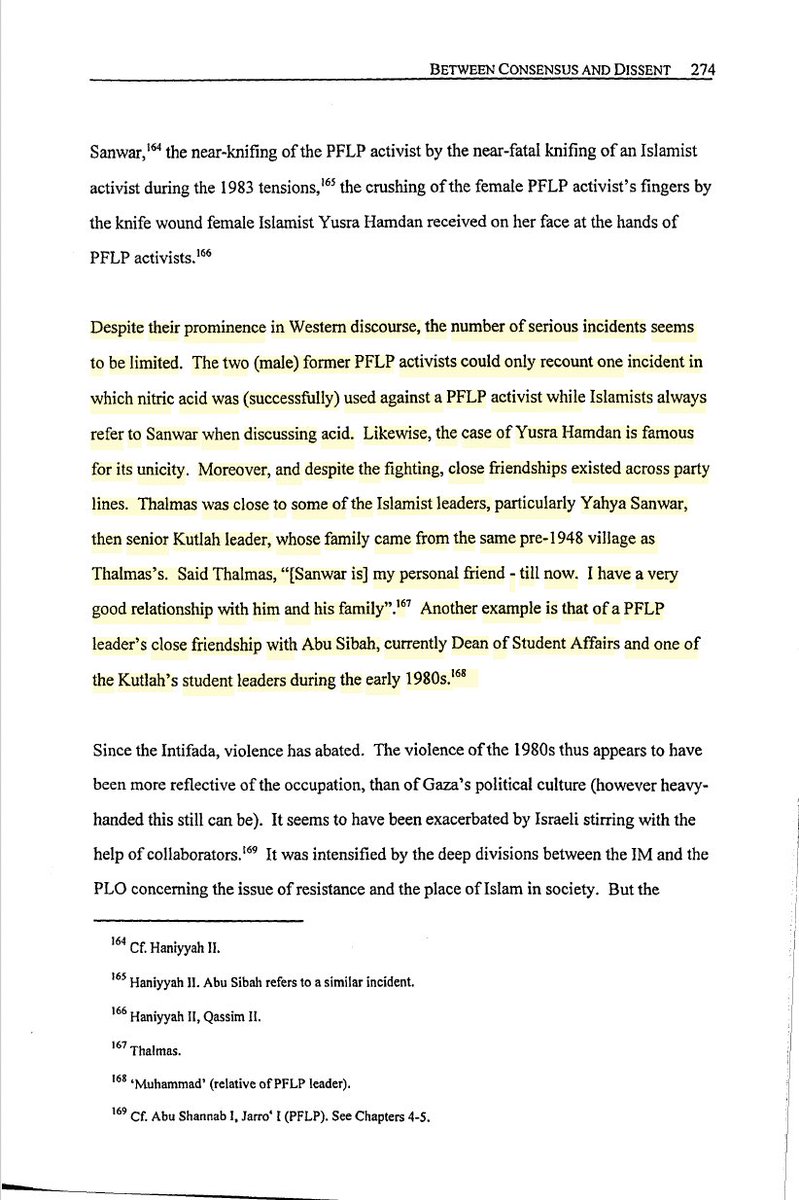 MujammaHaraket's tweet photo. In the 1985–86 period, small clashes broke out between al-Kutlah Islamiyyah (Islamic Bloc) and the PFLP’s Jabhah al-’Amal al-Tulabiyyah student organization. This would subside after the beginning of the First Intifada and, in the 1990s, give way to rapprochement as the PFLP joined the Hamas-spearheaded Ten Resistance Organizations’ "fasail," a coalition of resistance factions opposed to the Madrid–Oslo process. In May 2006 (following the signing of the National Reconciliation Document), the Joint Operations Room would be formed by al-Qassam and Saraya al-Quds; approximately a year later, the PFLP’s Abu Ali Mustafa Brigades and Hamas' Qassam Brigades undertook their first joint operation: the 13 July 2007 Hawwara checkpoint operation near Nablus. The two brigades issued a joint statement, the first of several. Subsequent early Hamas–PFLP joint ventures included a 23 August 2007 operation in al-‘Ayn camp, Nablus, and a 25 August 2007 operation around ‘Ayn Bayt al-Ma’ west of Nablus, cementing the unity of fields.
Reviewing the tense 1985-86 clashes, a PFLP activist was prevented (by the Islamic University of Gaza's administration, not the Islamic Bloc) from standing for the student council. During a quarrel, this student was, according to one witness account, the target of an acid attack by an Islamic Bloc-affiliated student. So too, however, was the Islamic Bloc member Zakariyyah Sinwar; PFLP-associated students launched an acid attack on him during the height of these brawls. 
Throughout this charged period, the older Sinwar brother, Yahya Sinwar, worked as a bridge between the Islamic Movement and the PFLP. (He would, incidentally, also play the same role with the Fatah movement, championing unity and reconciliation amongst Palestinian parties.)
As Jeroen Gunning recounts:
"Despite their prominence in Western discourse, the number of serious incidents seems to be limited. The two (male) former PFLP activists could only recount one incident in which nitric acid was (successfully) used against a PFLP activist while Islamists always refer to [Zakariyyah] Sinwar when discussing acid. Likewise, the case of Yusra Hamdan is famous for its unicity. Moreover, and despite the fighting, close friendships existed across party lines. Thalmas was close to some of the Islamist leaders, particularly Yahya Sinwar, then senior Kutlah leader, whose family came from the same pre-1948 village as Thalmas’s. Said Thalmas, “[Sinwar is] my personal friend - til now. I have a very good relationship with him and his family.”

 (See: Jeroen Gunning, “Re-thinking Western constructs of Islamism: pluralism, democracy and the theory and praxis of the Islamic movement in the Gaza Strip”, Doctoral thesis, Durham University, Durham, England, 2000, p. 274.)