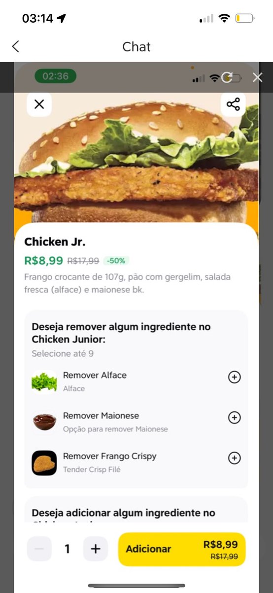 mcchurrico's tweet photo. @voude99 @BurgerKingBR 
Preciso que me ajudem com meu reembolso, pedi um combo hambúrguer mega stacker 2.0 me mandaram um chicken JR🤦🏻‍♂️
Tentei suporte, mas o suporte da 99 é muito ruim, chamo o Ao vivo os atendente são muito mal educados não entendem o seu lado mesmo com provas. https://t.co/ZHlf9iRIQo