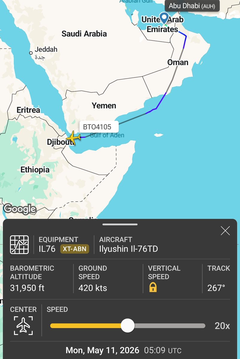 AfriMEOSINT's tweet photo. Three more suspicious IL-76 cargo flights departed the UAE today 🇦🇪 for East Africa:

• Invicta Air IL-76 TL-ATD
• Invicta Air IL-76 TL-ATB
• Batot Air IL-76TD XT-ABN

All three flights originated from Al Reef Airbase in Abu Dhabi 🇦🇪 and headed to Ethiopia 🇪🇹. https://t.co/Sl7Lj6uKYI