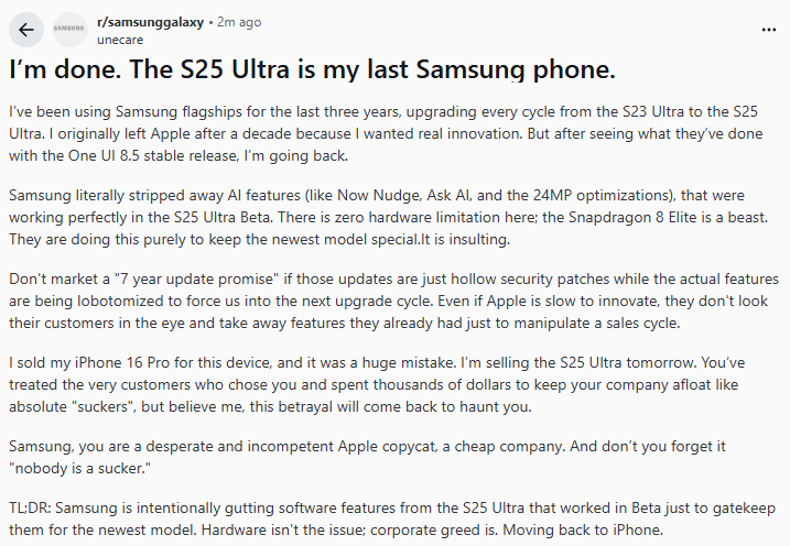 SamsonUpdate's tweet photo. "I’m done. The S25 Ultra is my last Samsung phone."
- unecare (https://t.co/ongeNf7GS7)

💔 https://t.co/0D8mirNIQi