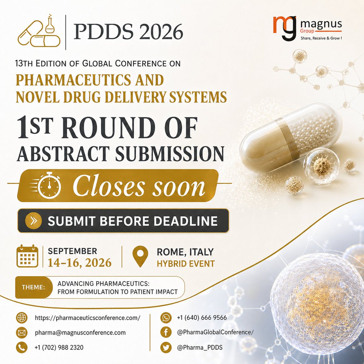 Pharma_PDDS's tweet photo. 📢Calling Researchers &amp; Industry Experts
@Pharma_PDDS by @magnus_group !
📍Rome, Italy | Virtual
📅September 14–16, 2026
📝1st round abstract submissions closing soon: https://t.co/INAqh3txgG
🔗https://t.co/Mzjy6fEvW4
📞+1 (702) 988-2320
💬+1 (640) 666-9566
#PDDS2026 #Pharmaconf https://t.co/iuJ12UZs2C