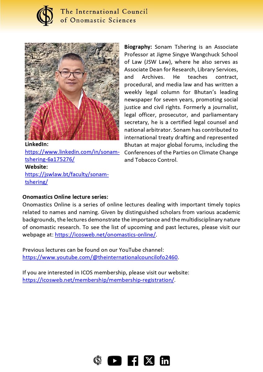 ICOSnews's tweet photo. Join us for the next Onomastics Online talk
Sonam Tshering: Bhutanese Personal Names and Identity
11 June 2026 at 17:00 UTC+2 / 17:00 GMT+2
Register here (required): https://t.co/MM20pOTnSC https://t.co/LOJviHNZEp
