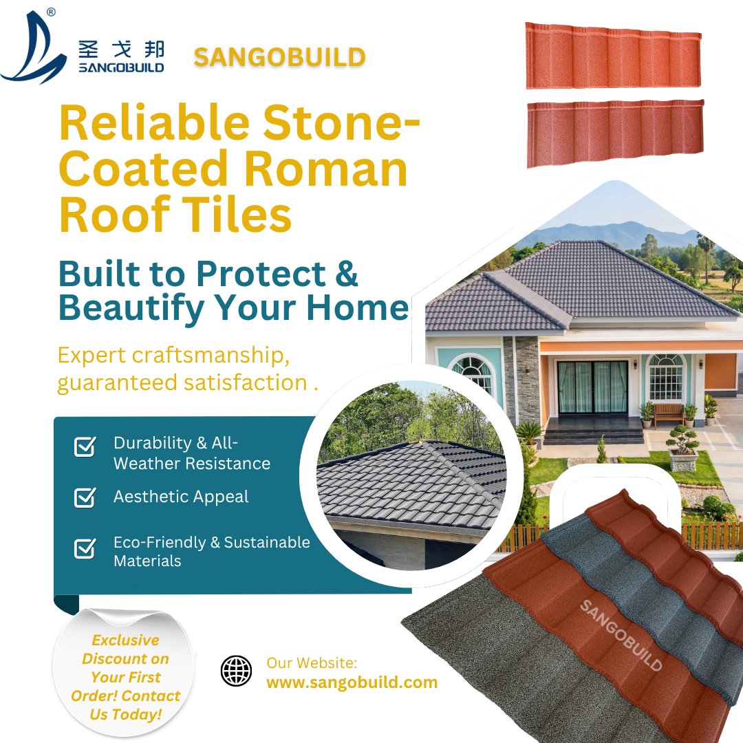 SangobuildChina's tweet photo. Transform Your Roof into a Statement of Strength✨
✅ Extreme weather resistant 
✅ Beautiful natural stone finish 
✅ Eco-friendly &amp; long-lasting
Protect your home in style.
Exclusive Discount on Your First Order!
Visit: https://t.co/nrzcnFPIGf
#RoofTiles #StoneCoatedRoof https://t.co/wwOA5t9h5O