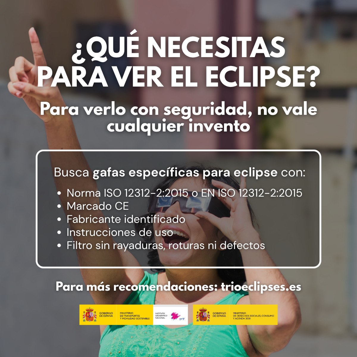 DelegGobAST's tweet photo. ¿Qué gafas necesitas para ver el eclipse del 12 de agosto?

Necesitas gafas específicas que incluyan:
✅ Norma ISO 12312-2 o EN ISO 12312-2:2015
✅ Marcado CE
✅ Fabricante identificado
✅ Instrucciones de uso
✅ Filtro sin rayaduras, roturas ni defectos https://t.co/rMOGDQfNZm