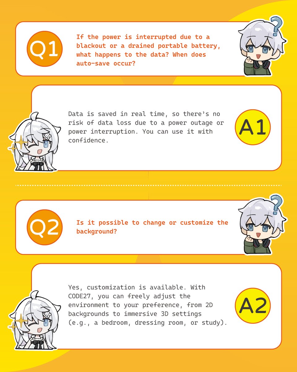 CODE27_official's tweet photo. CODE27 FAQ 1 
Q1: What happens to my data if there’s a power outage or if my power bank runs out? When does the device auto-save?  
Q2: Can I customize or change the background behind the character? https://t.co/4O4kjnBI1e