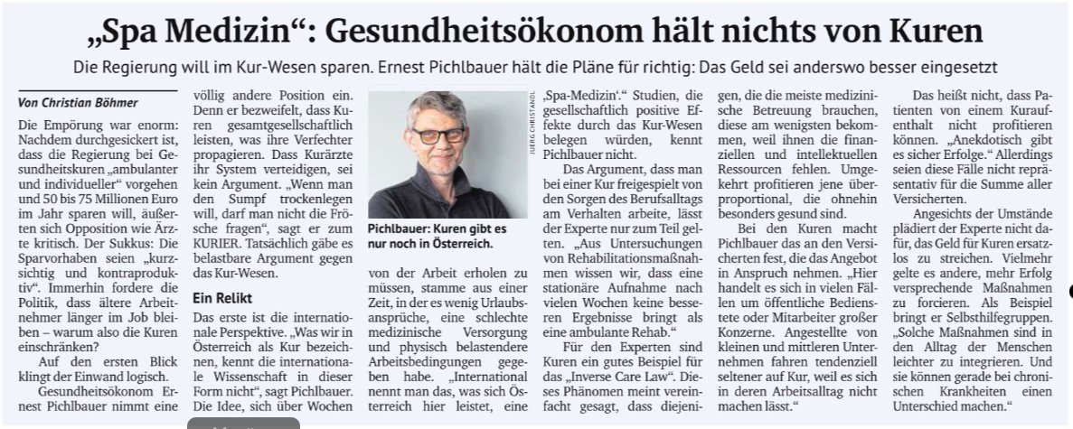 GLoacker's tweet photo. Was bringen #Kuren? Welcher Anteil des behaupteten Nutzens lässt sich an konkreten Ergebnissen festmachen? Gibt es Daten? Was ist international üblich? #Gesundheit @EPichlbauer dazu im @kurier_at https://t.co/ELCcoJ5n1O
