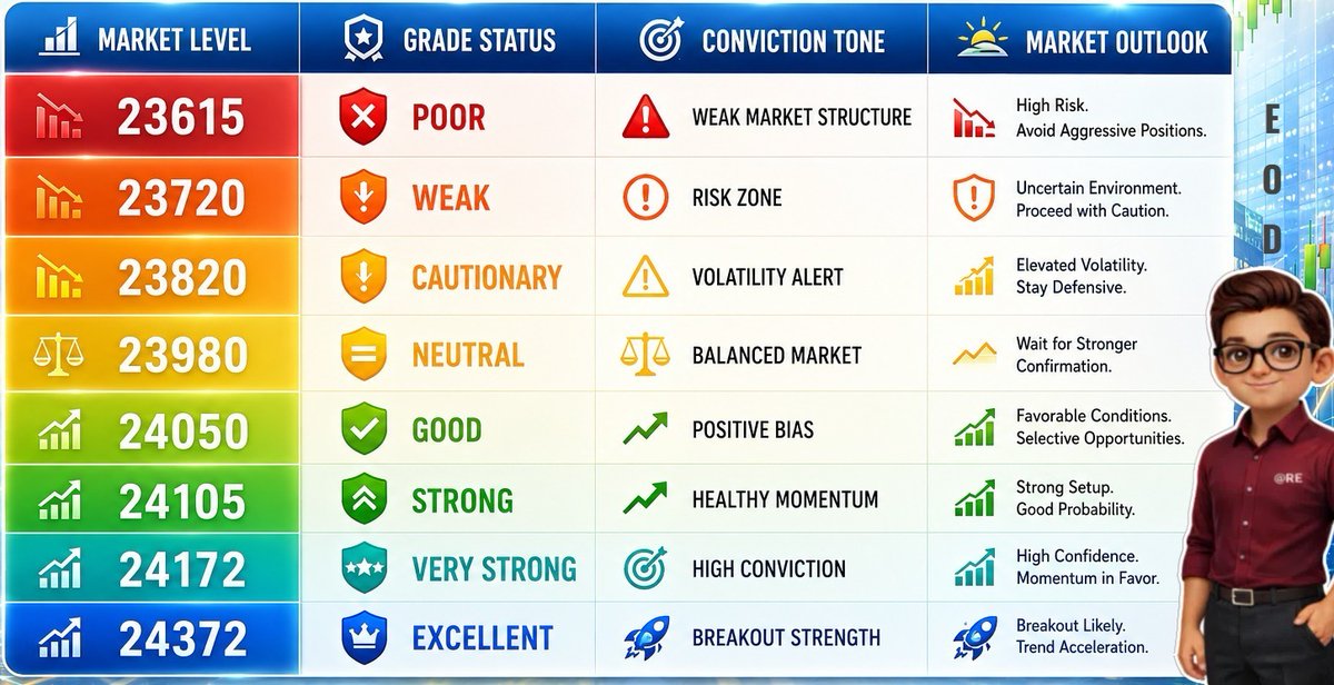 REequitiz's tweet photo. Market rewards conviction backed by discipline.

Every market level carries its own tone, risk profile, and probability structure.

The real skill is not forecasting every move, it is positioning according to market character.

🔴 Weak Structure → Capital Protection

🟠 Volatility Zone → Defensive Approach

🟡 Neutral Zone → Wait for Confirmation

🟢 Positive Bias → Selective Opportunities

🔵 High Conviction → Momentum Expansion

Trade less. Observe more.
Patience is also a position.

#REequitiz #MarketPulse #MarketStructure #RiskManagement #PositionalTrading #Nifty