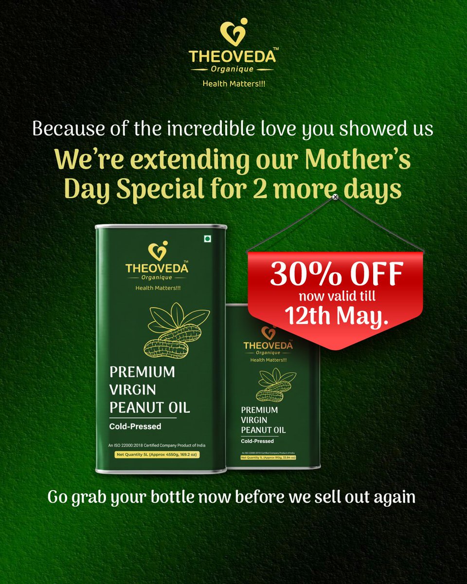 theoveda's tweet photo. The love was too overwhelming to stop at 3 days 🤍
Our Mother’s Day Special is now extended till 12th May ✨

Enjoy FLAT 30% OFF on pure cold-pressed oils 🌿
Grab your bottle before we sell out again.

👉 Order now

#HealthMatters #TheovedaOrganique #LiveOnZepto https://t.co/SovS3kyVpI