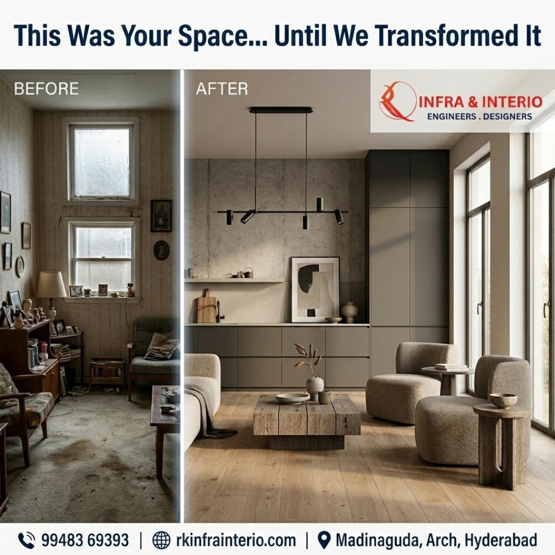 RKInfraDesign's tweet photo. Watch ordinary spaces turn into stunning modern interiors with RK Infra &amp; Interio. From outdated rooms to elegant living spaces, we transform every corner with smart design, premium finishes, and stylish interiors tailored to your lifestyle. 
Call 99483 69393 https://t.co/VaUksJXcpw