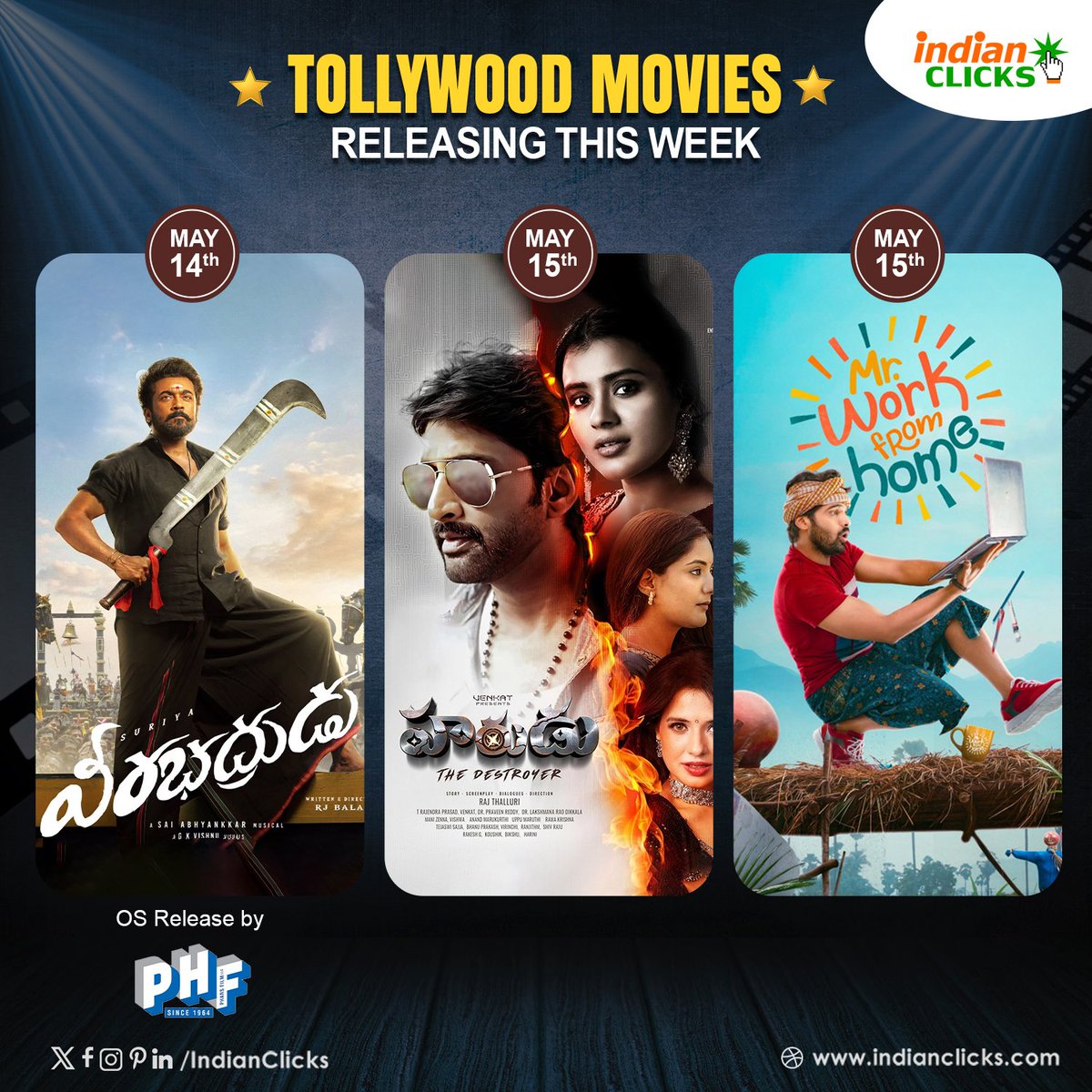 IndianClicks's tweet photo. This Week 🤩Tollywood is ready to set to blaze screens with amazing movies 🔥Don't miss to watch at your nearest theatre on 14th & 15th May 🎭🍟🍿

#Veerabadhrudu ( #Karuppu ) 

#Karuppu in theatres worldwide from May 14!!

@Suriya_offl @trishtrashers @RJ_Balaji @dop_gkvishnu @SaiAbhyankkar @prabhu_sr @natty_nataraj #Swasika @SshivadaOffcl @kalaivananoffl @PraveenRaja_Off @PenMovies @PharsFilm @SakthiFilmFctry @ZeeTamil @thinkmusicindia @KaruppuMovie @DreamWarriorpic

PRO @UrsVamsiShekar
OS by @PharsFilm

#Harudu 

@ThalluriRaju1 @Iamactorvenkat @ihebahp @natashasingh12 @saloni_aswani
#PraveenReddy #DikkulaLaxmanRao

PRO @Teju_PRO

#MrWorkFromHome

#Arun #RahulSipligunj
#ArvindMandem
#MadhuDeepChelikani @Thrigun_Aactor @payal_radhu @SandilyaPisapa1 #pavankodali

PRO @Teju_PRO