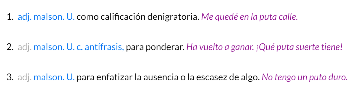abelardolg's tweet photo. #dudaRAE El ejemplo del apartado 3 no tiene el sentido de "para enfatizar la ausencia o escasez de algo". El uso de "puto" en esa frase se corresponde a la primera acepción: se descalifica de manera denigratoria al duro. Yo podría haber escrito: "Este puto duro no quiere salir". https://t.co/cAND055Mxt