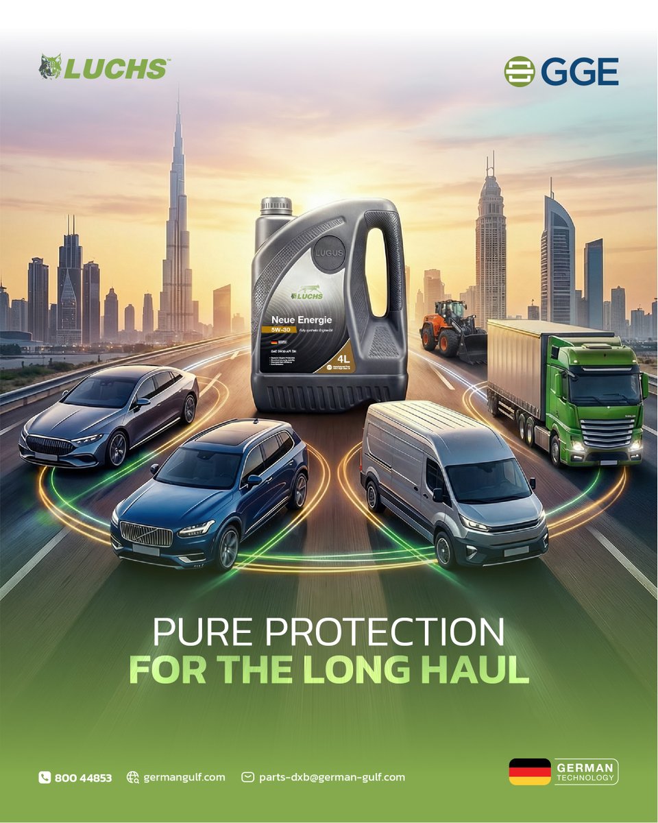 LUCHS Lubricants – now in the UAE.

Maximum purity. Extended engine life. Built for UAE climate.

Distributed by German Gulf.

Contact for bulk supply.
📞 800-GGULF

#LUCHSLubricants #GermanGulf #FleetCare