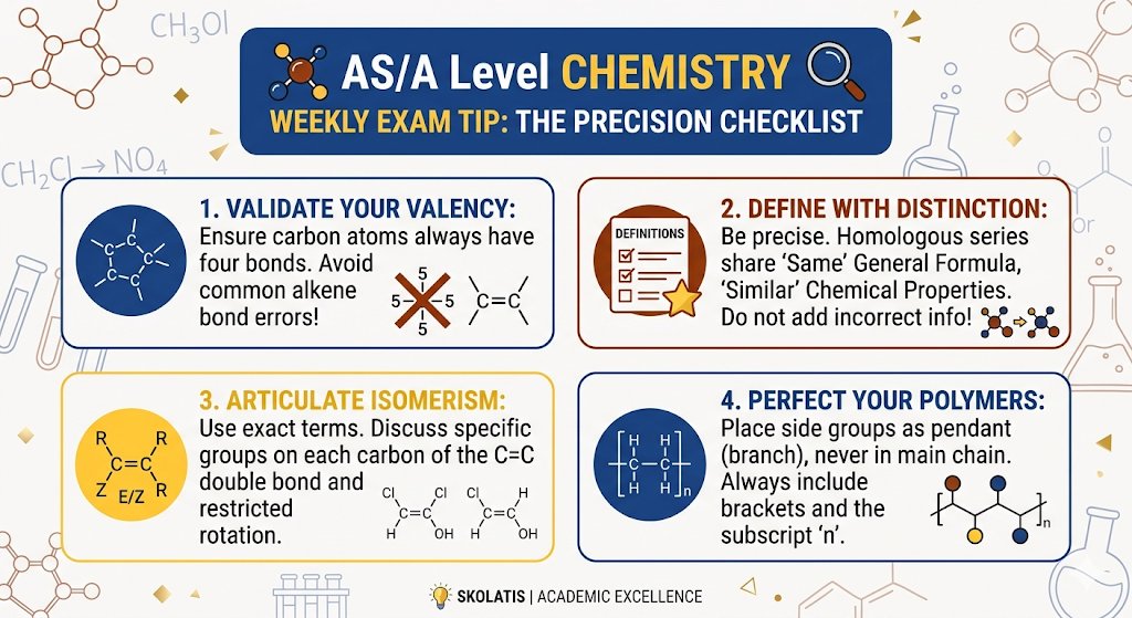 IGCSECentre's tweet photo. 🧪 AS/A Level Chemistry Weekly Exam Tip

Quick Checklist:
✍️ Validate Your Valency
🎯 Define with Distinction
🧬 Articulate Isomerism
⛓️ Perfect Your Polymers

👉 Read full post here: https://t.co/4ZTXZeWLkp

📚 Priority Support: November 2026 Candidates
https://t.co/b5sJU3vEZh https://t.co/do869GNp3R