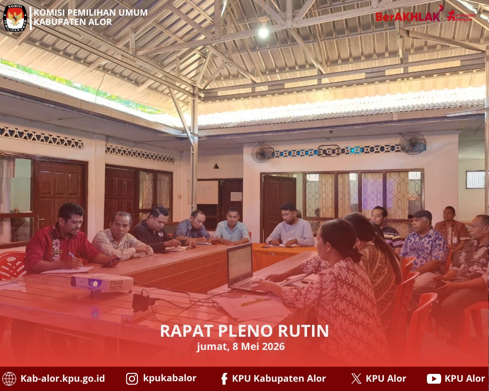 AlorKpu's tweet photo. #TemanPemilih, Dalam rapat pleno tersebut, sejumlah agenda dibahas, di antaranya tindak lanjut hasil rapat pleno sebelumnya, laporan realisasi anggaran bulan April 2026, pembahasan pelaksanaan sosialisasi KPU Mengajar, serta penyampaian SPIP) bulan April.#kpualor #kpumelayani https://t.co/x5yK0bywW8