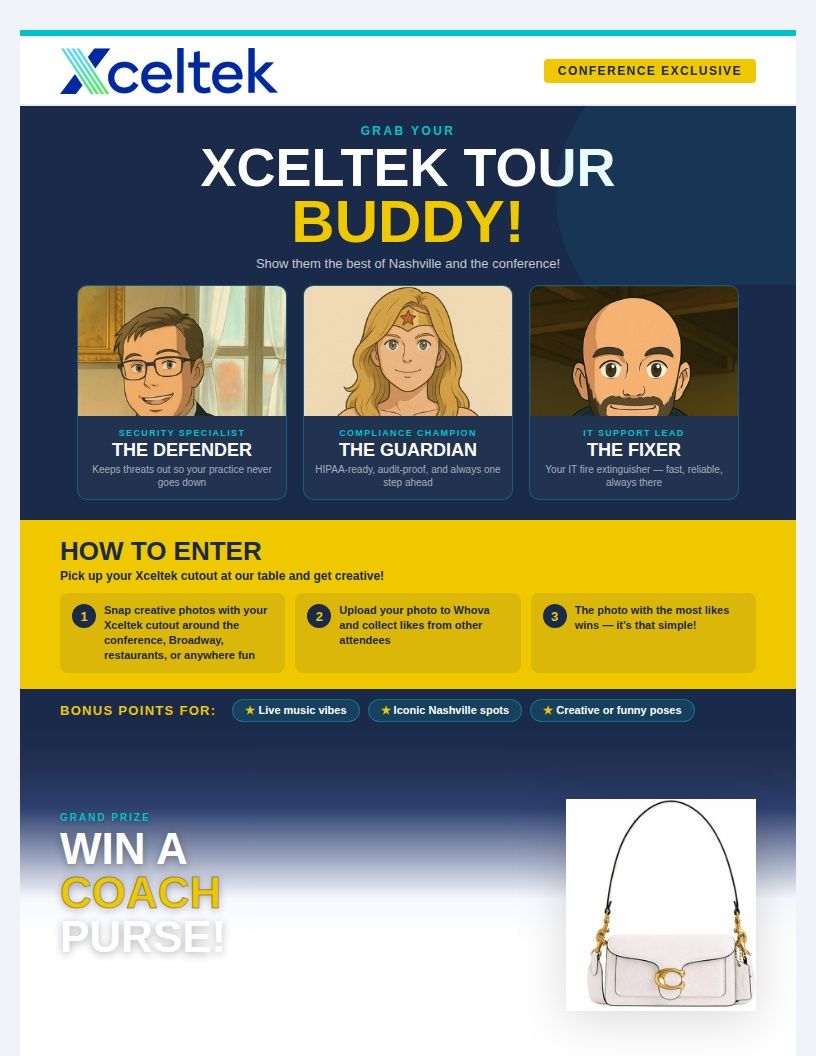 xceltek's tweet photo. SOMSA - Society of OMS Administrators is just around the corner, and Xceltek is sponsoring this year’s photo contest through the Whova app! 📸
Be sure to stop by Booth 16 to pick up your "supplies" and don’t miss your chance to win a Coach purse! ✨
#Xceltek #SOMSA #PhotoContest https://t.co/6ERZhYkHM2