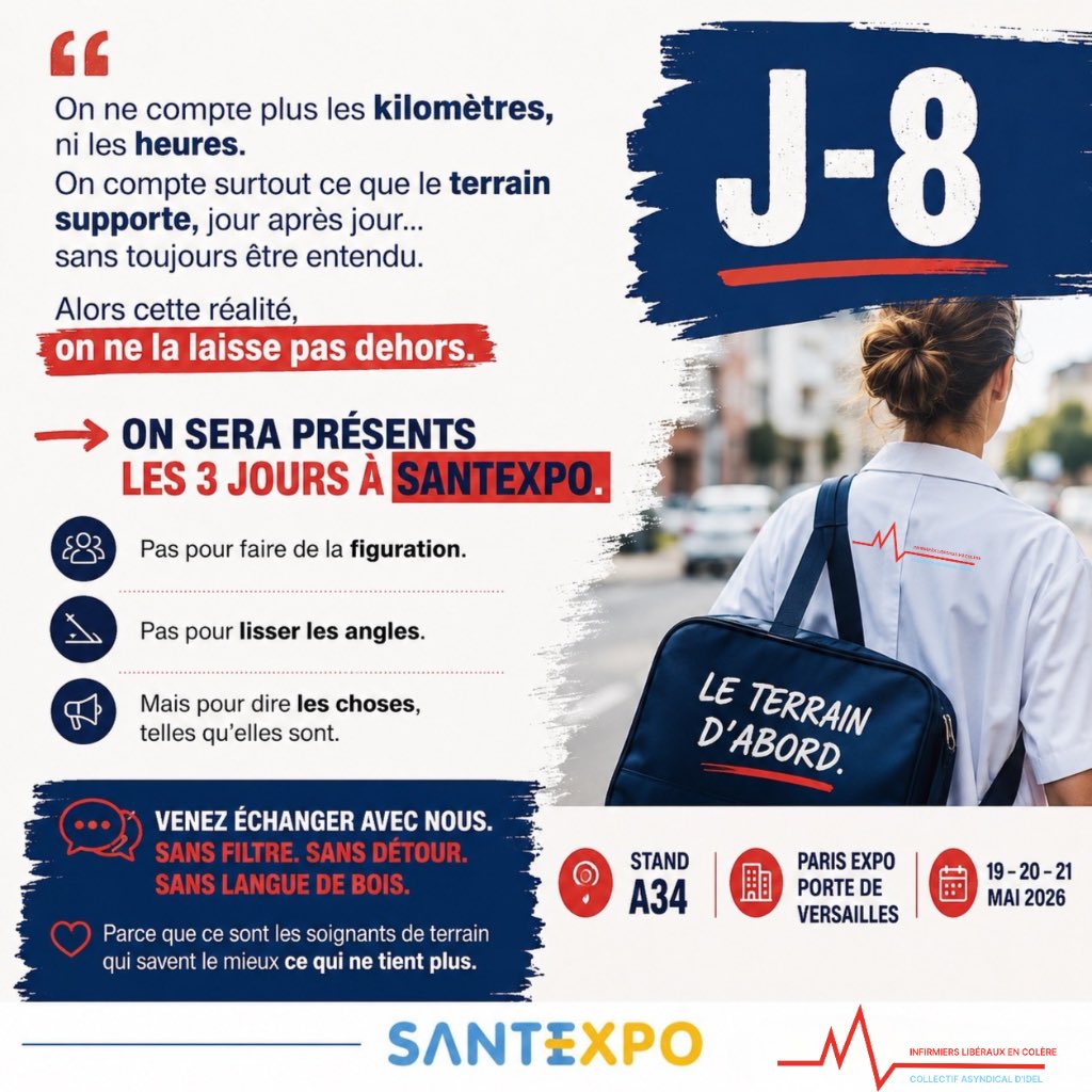 🔥 On sera à SantExpo. Et on ne vient pas faire de la figuration.

📍 19, 20 et 21 mai 2026 — Paris  
📍 Stand A34 — Paris Expo Porte de Versailles

👉 On vient parler VRAI.  
👉 On vient dire ce qui coince.  
👉 On vient porter la voix du terrain.

💬 Infirmiers libéraux, venez