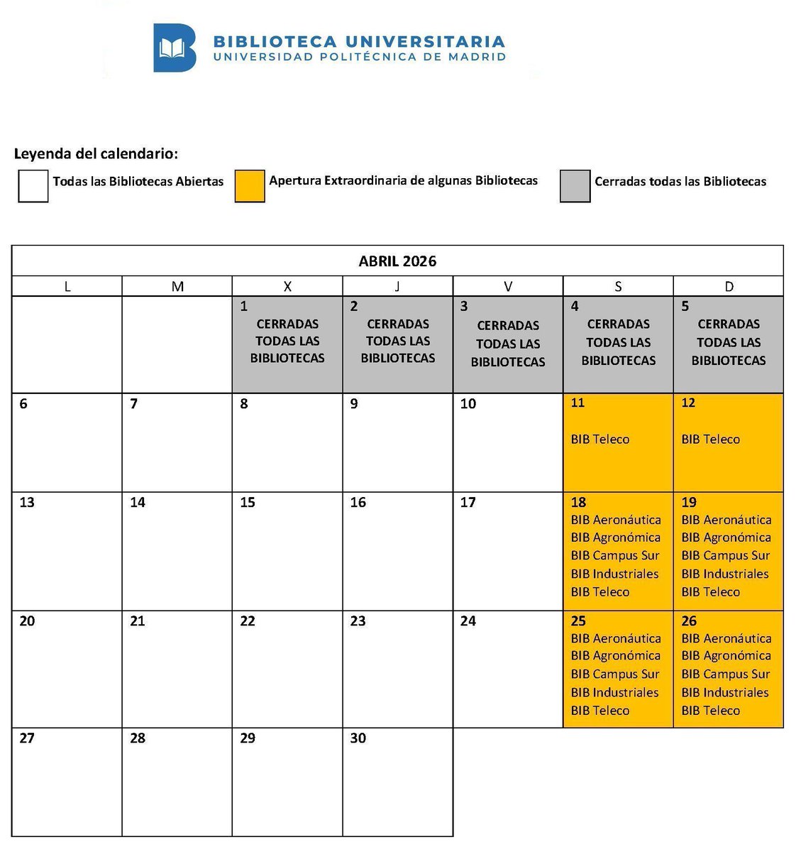 ETSIDI_UPM's tweet photo. 📚✨ Las bibliotecas @biblioUPM amplían su horario para estos meses y acompañarte en época de estudio 💪

📅 Consulta el calendario aquí: https://t.co/kC91qXGnqv
🪑 Recuerda reservar tu puesto y turno a través de #accede

¡Mucho ánimo con los exámenes! 🍀📖 https://t.co/ip5Bbsugk4
