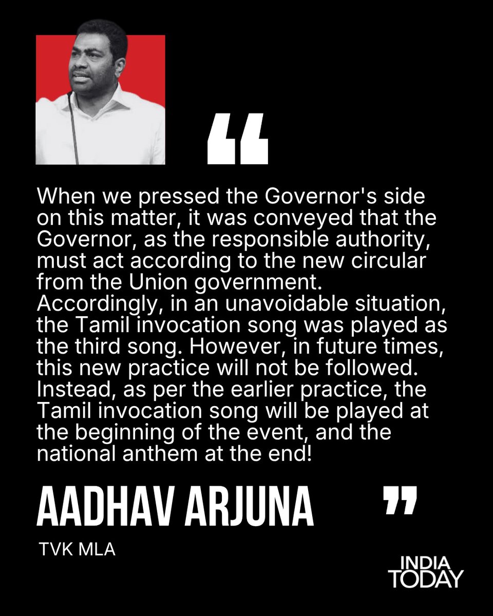 IndiaToday's tweet photo. TVK MLA @AadhavArjuna criticised the order in which songs were played during Tamil Nadu’s swearing-in ceremony, saying the Tamil invocation song ‘Neerarum Kadaludutha’ should always be played first at official events in the state. He said the new protocol — where Vande Mataram and the national anthem preceded the Tamil invocation — was “inappropriate for Tamil Nadu” and claimed the Governor’s office cited a new Union government circular. Arjuna asserted that the earlier tradition would continue in future events.

#AadhavArjuna #TVK #TamilNadu #TamilInvocation #NeerarumKadaludutha #Vijay