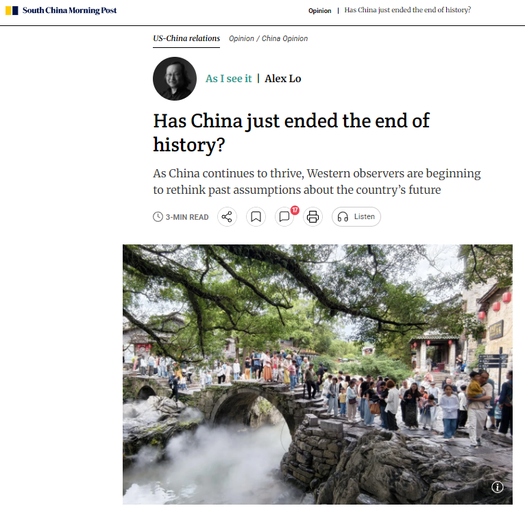 ChinaDaily's tweet photo. #MediaFocus An article published on the South China Morning Post shows that political scholar Fukuyama seems to have changed some ideas: "I think that the Chinese have created a pretty impressive system... they are very successful at marshaling new technology," Fukuyama said. "They're capable of innovating a lot of things we thought they weren't able to do." He thinks that America "looks like it's falling apart…" saying that "if the Chinese keep their development machine going, it may turn out that they have a real alternative."
Francis Fukuyama is a Japanese-American political scientist. In 1989, he published "The End of History?" which triggered global discussion. In 1992, it was expanded to the monograph "The End of History and the Last Man", which put forward the "final conclusion of history" that liberal democracy is the end of the political system.