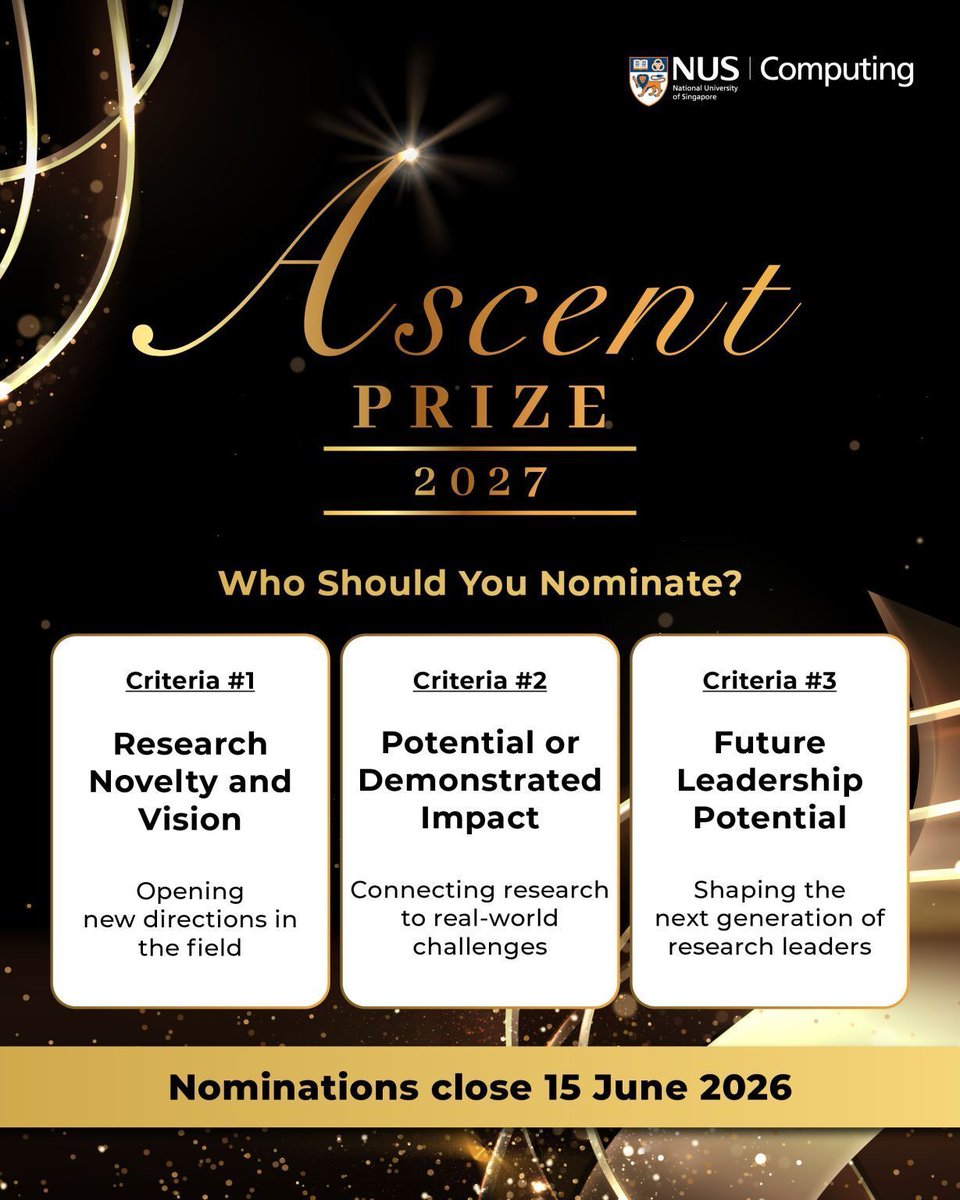 knmnyn's tweet photo. 📣 Calling rising stars in Computing! Apply or nominate for the NUS Computing Ascent Prize. Details & deadlines: https://t.co/sRqgcQ1hn3 #NUSComputing #Research #AscentPrize #FutureTech https://t.co/GEXf1VaqB4