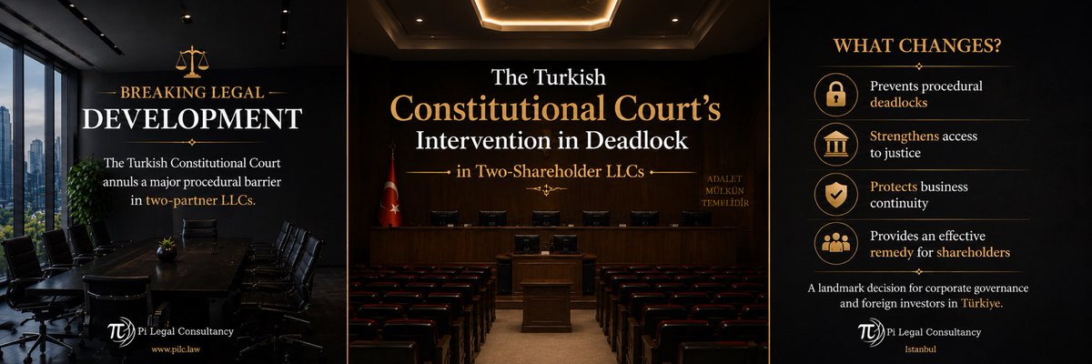 pilclaw's tweet photo. ⚖️ Constitutional Court removes the general assembly requirement for shareholder expulsion lawsuits in two-shareholder LLCs in Türkiye.

A major step toward preventing corporate deadlocks.

#TurkishLaw #CorporateLaw #LLC https://t.co/aBThaqziVZ