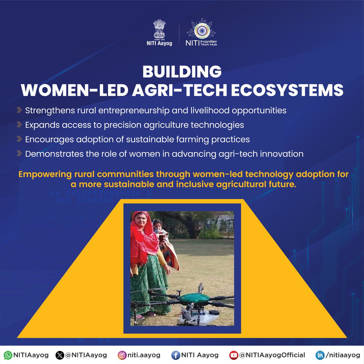 NITIAayog's tweet photo. Women Drone Pilots Advancing Precision Farming and Sustainable Agriculture

From fields to flight paths, women across Haryana, Uttar Pradesh, Punjab and Chhattisgarh are driving a new phase of technology-enabled agriculture through drone-based precision spraying services.

Through certified training and service-led models, rural women are deploying drones across 4,000+ acres of farmland, reducing water use by up to 90 percent, cutting spraying time to minutes per acre, improving operational efficiency, and creating sustainable livelihood opportunities.

The initiative demonstrates how women-led agri-tech innovation can strengthen climate-smart farming, optimise resource use, and advance sustainable agricultural transformation.

About the Repository: NITI Aayog’s Frontier Tech Repository is a curated platform featuring proven, impact-driven technology use cases solving real-world challenges across India. Developed by the Frontier Tech Hub in collaboration with The Better India, it showcases 200+ case studies across sectors including Agriculture, Healthcare, Education, Space, and Defence & Security. With an integrated AI Assistant and a unique ‘Build Your Own’ feature, the repository serves as a one-stop platform to discover, scale, and replicate frontier technology solutions.

Read the full story: https://t.co/d5r4qZfgoK 

Explore more: https://t.co/rvGuty7rcf 

#PMOIndia #NITIAayog #WomenLedDevelopment #PrecisionFarming #DroneTechnology #Agriculture #AgriTech #RuralInnovation