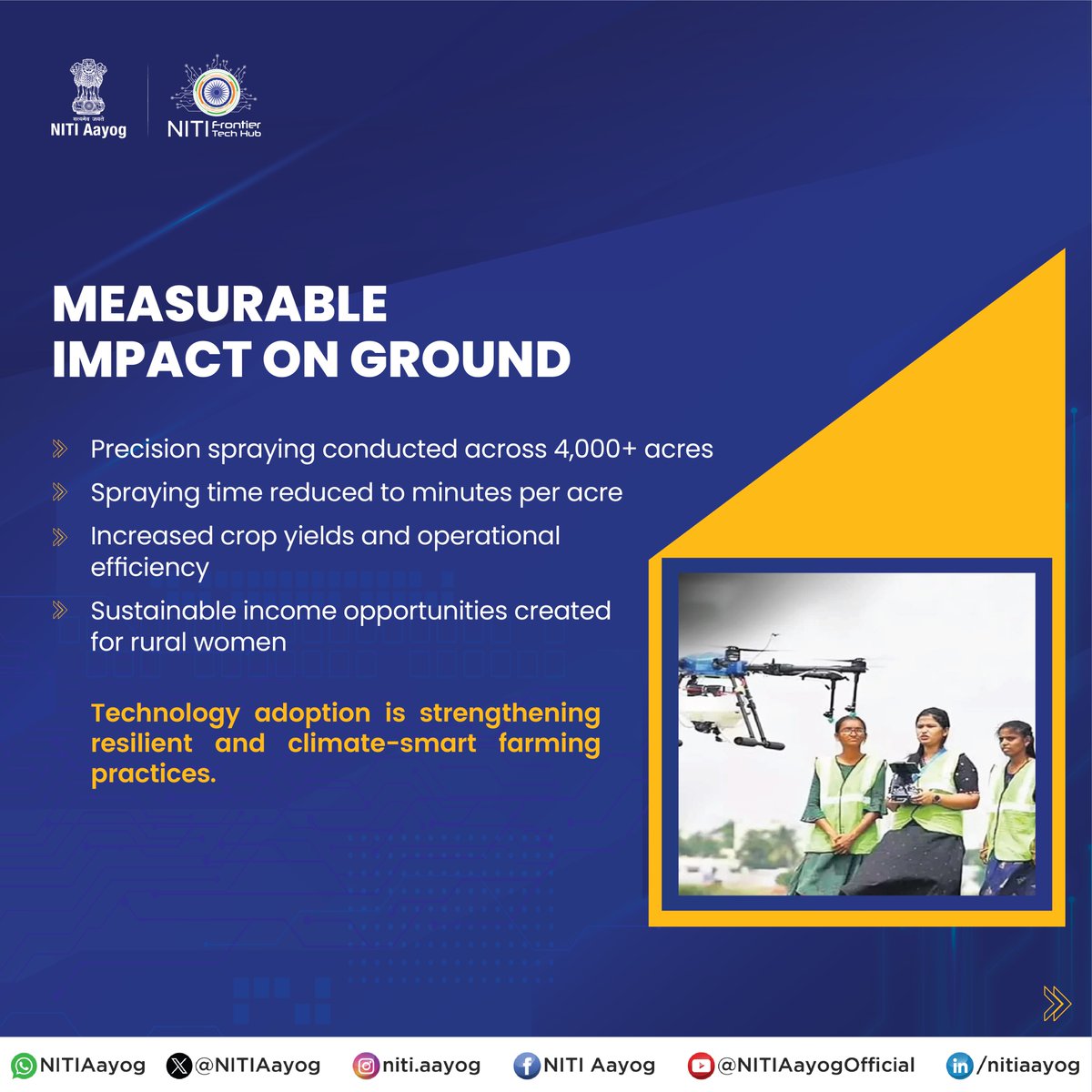 NITIAayog's tweet photo. Women Drone Pilots Advancing Precision Farming and Sustainable Agriculture

From fields to flight paths, women across Haryana, Uttar Pradesh, Punjab and Chhattisgarh are driving a new phase of technology-enabled agriculture through drone-based precision spraying services.

Through certified training and service-led models, rural women are deploying drones across 4,000+ acres of farmland, reducing water use by up to 90 percent, cutting spraying time to minutes per acre, improving operational efficiency, and creating sustainable livelihood opportunities.

The initiative demonstrates how women-led agri-tech innovation can strengthen climate-smart farming, optimise resource use, and advance sustainable agricultural transformation.

About the Repository: NITI Aayog’s Frontier Tech Repository is a curated platform featuring proven, impact-driven technology use cases solving real-world challenges across India. Developed by the Frontier Tech Hub in collaboration with The Better India, it showcases 200+ case studies across sectors including Agriculture, Healthcare, Education, Space, and Defence & Security. With an integrated AI Assistant and a unique ‘Build Your Own’ feature, the repository serves as a one-stop platform to discover, scale, and replicate frontier technology solutions.

Read the full story: https://t.co/d5r4qZfgoK 

Explore more: https://t.co/rvGuty7rcf 

#PMOIndia #NITIAayog #WomenLedDevelopment #PrecisionFarming #DroneTechnology #Agriculture #AgriTech #RuralInnovation