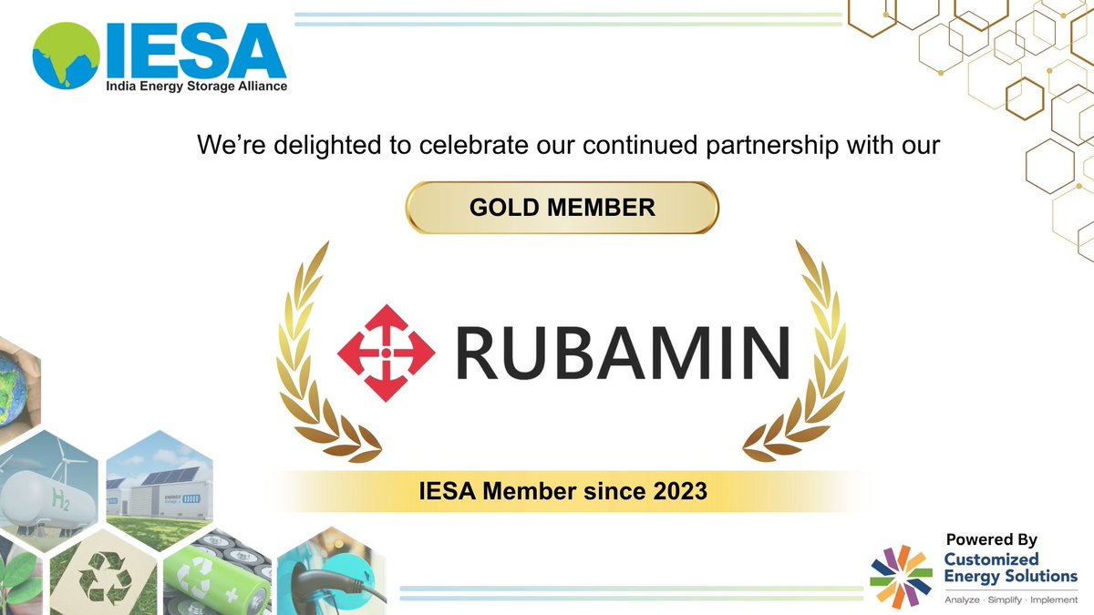 IndiaESA's tweet photo. Celebrating our valued partnership with @RubaminGroup as an IESA Gold Member. Driving innovation in battery recycling, sustainable materials &amp; circular economy solutions.

Thank you, Bhuwan Purohit, Dr. Tanmay Sarkar &amp; Apurva Barjatya.

#IESA #GoldMember #Rubamin #BatteryRecyclin https://t.co/AwvOLjeDKM