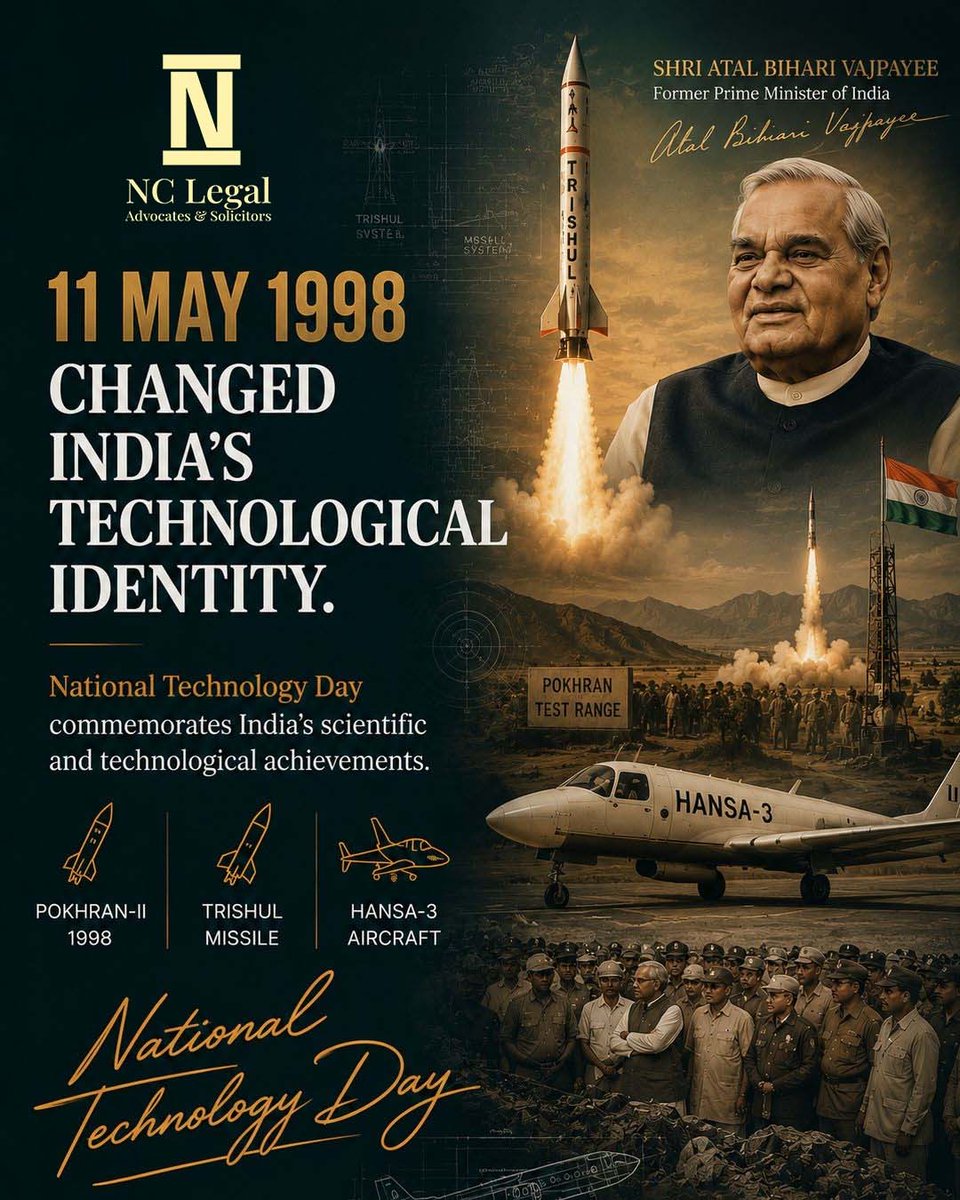 NCLegal_'s tweet photo. On #NationalTechnologyDay 🇮🇳 we celebrate India’s scientific strength, from Pokhran-II 🚀 to digital innovation 💻. A reminder that technology and strong legal frameworks together shape the future of #DigitalIndia ⚙️🔒 https://t.co/l5VyGetDzz