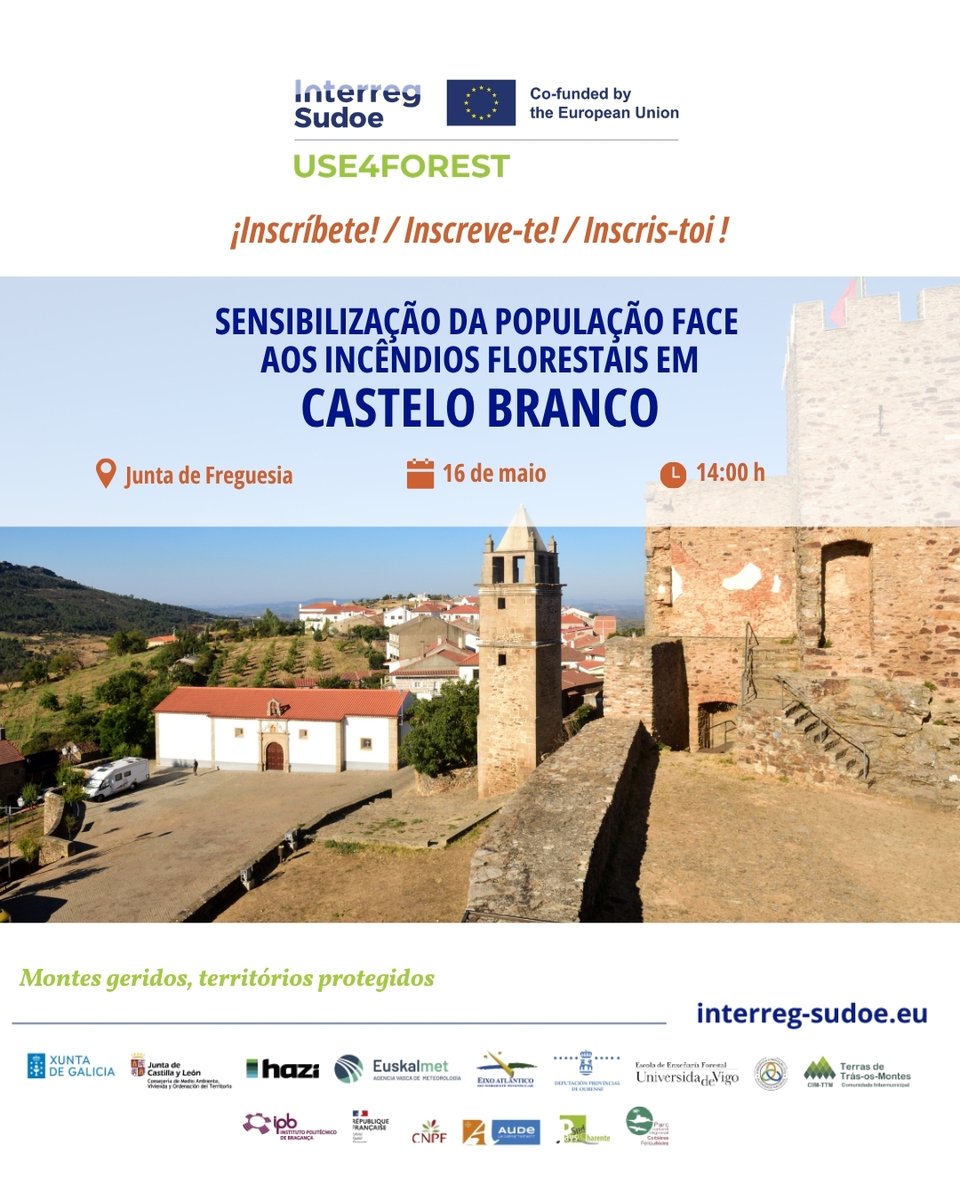 ForestUse470591's tweet photo. 🔥 Acciones de sensibilización en Mogadouro. ¡Anímate! ✍🏼

📍 Castelo Branco. 16 mayo
📍 Urrós. 16 mayo
📍 Bruço. 31 mayo

👨🏼‍🚒 Formaciones sobre uso del fuego, autoprotección y prevención de incendios.

✉️ geral@cim-ttm.pt https://t.co/dWNEmYxfEX