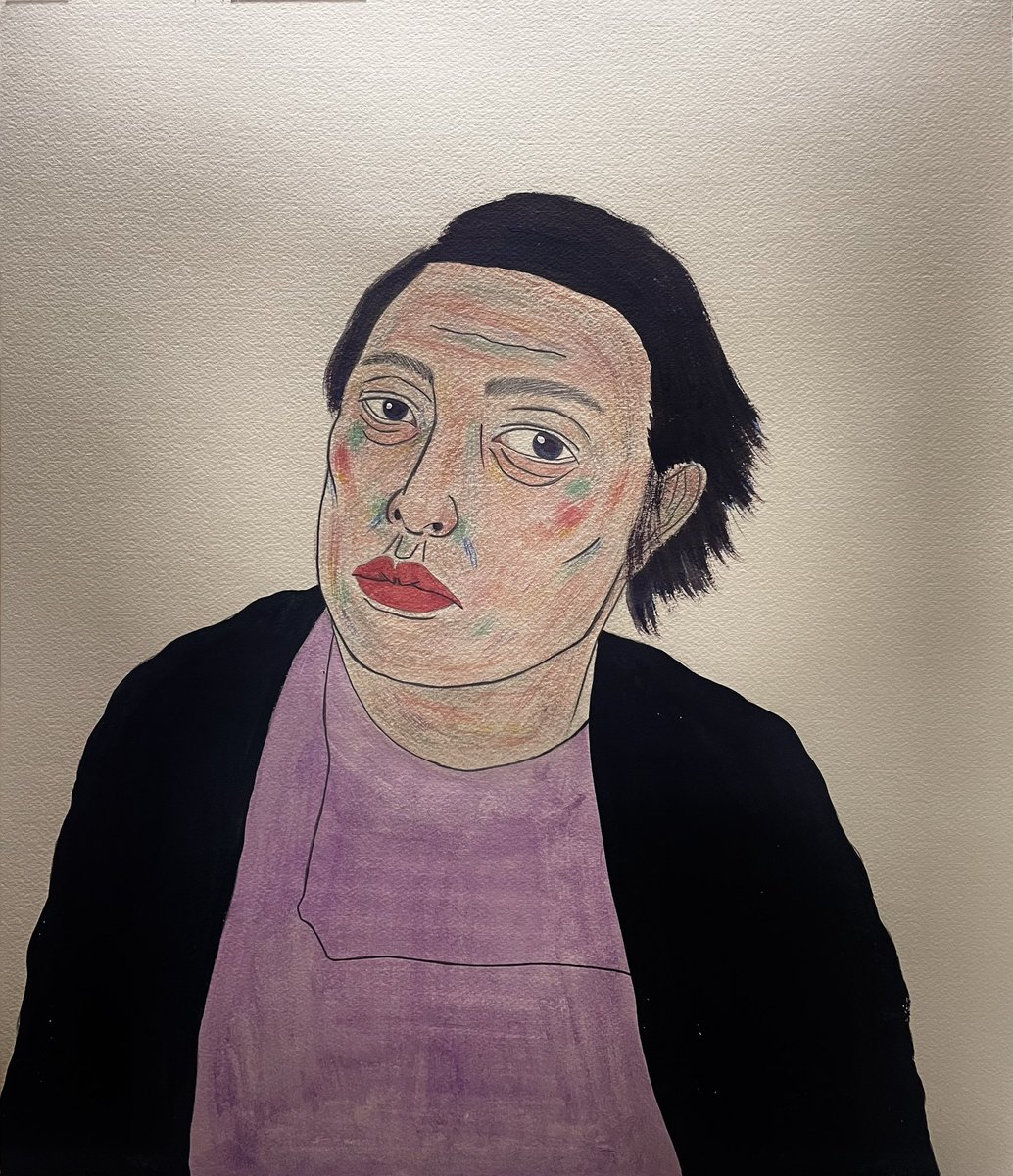 小さな鏡の中から覗いた自画像」 540x467mm Pencil and gouache on