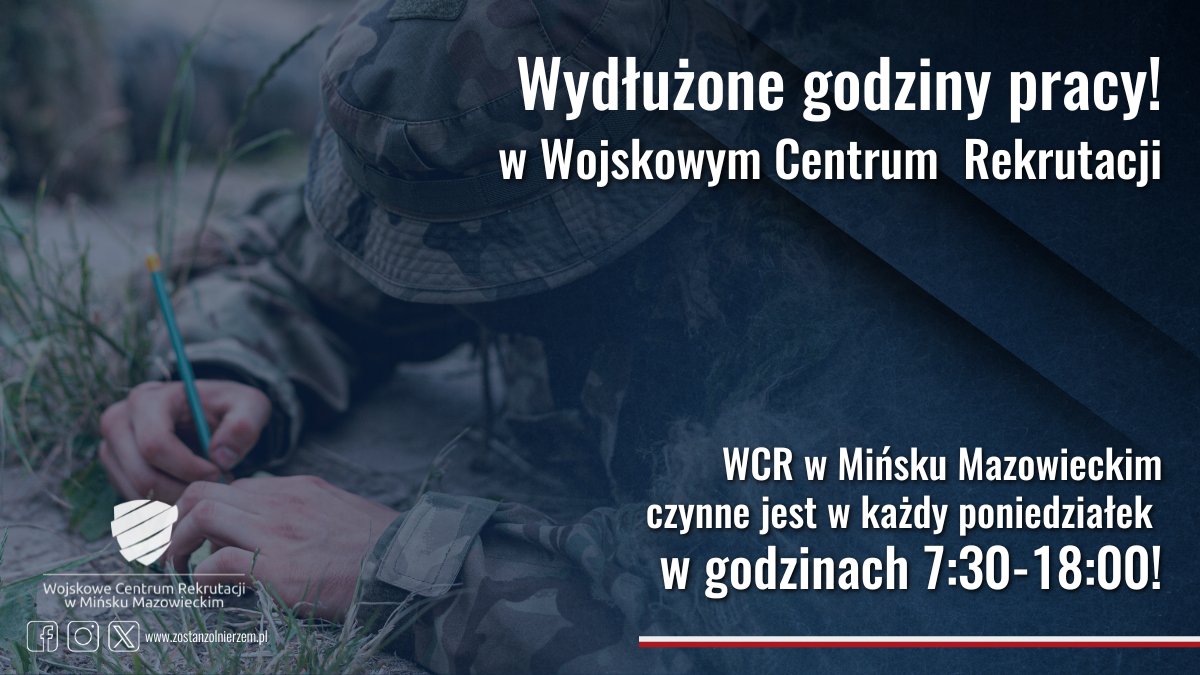 WCRMinskMaz's tweet photo. 📣 Dziś pracujemy dłużej!
Nasze #WCR jest dziś otwarte aż do 18:00 ⏰
Masz więcej czasu, żeby spokojnie wpaść i złożyć wniosek do #TSW #DZSW #LA #AR ❗
Nie zwlekaj — pierwszy krok w stronę munduru możesz zrobić właśnie dziś 💪 https://t.co/AqGnPS53qu