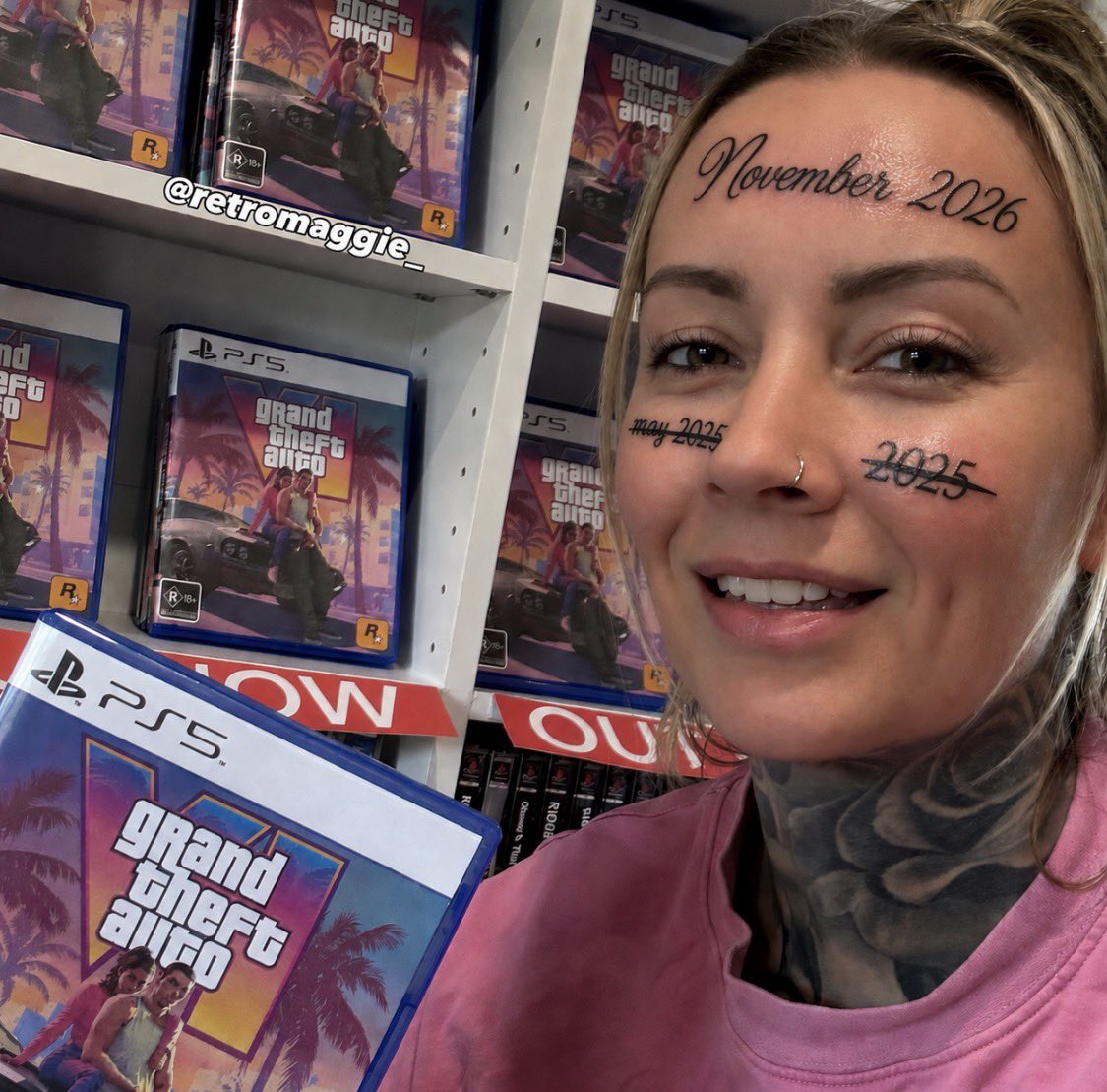 Retro_Maggie's tweet photo. I hope there are no more GTAVI delays because i am running out of space on my face.. #gta @RockstarGames  #gamer https://t.co/PmnOA9rZEQ