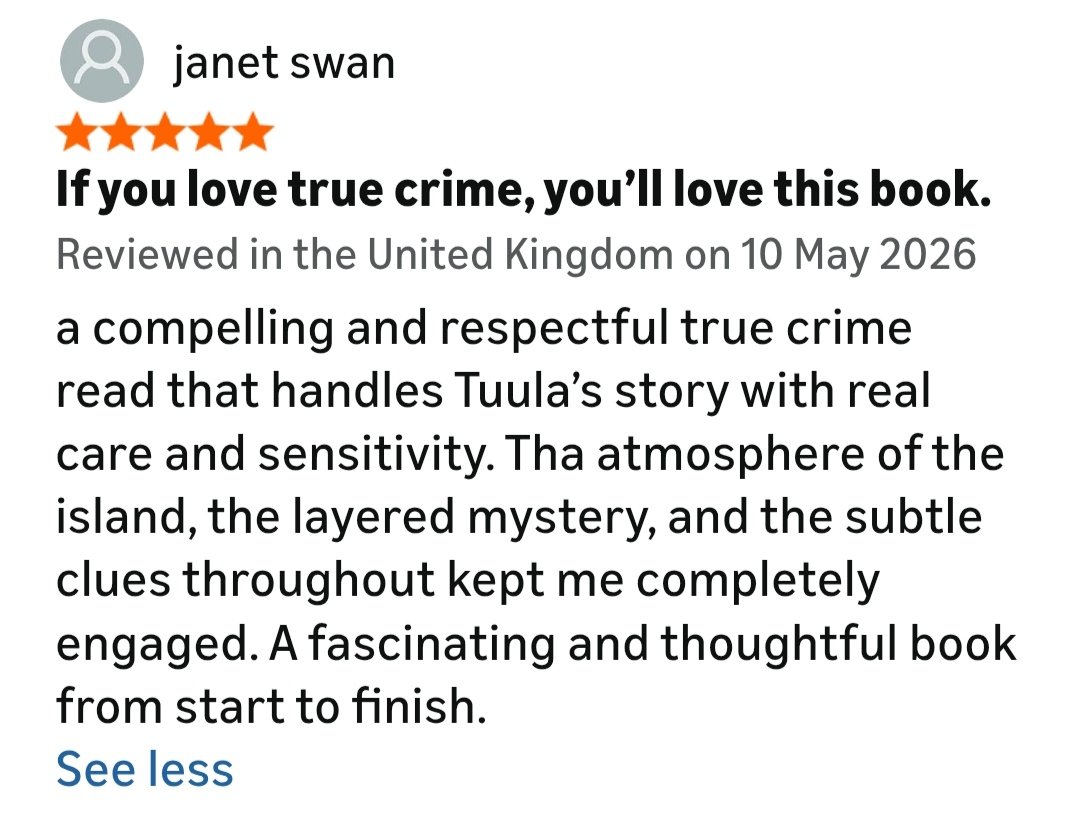 bridgemanauthor's tweet photo. Thank you so much for all the amazing reviews for Tuula: A True Crime Tragedy ⭐️⭐️⭐️⭐️⭐️
Right from the outset, I tried to balance all the sensitivities surrounding this story.
Copies available here - https://t.co/jTYu1G1mBT
#tuula #jerseyci #truecrime https://t.co/zsGubMVRGS