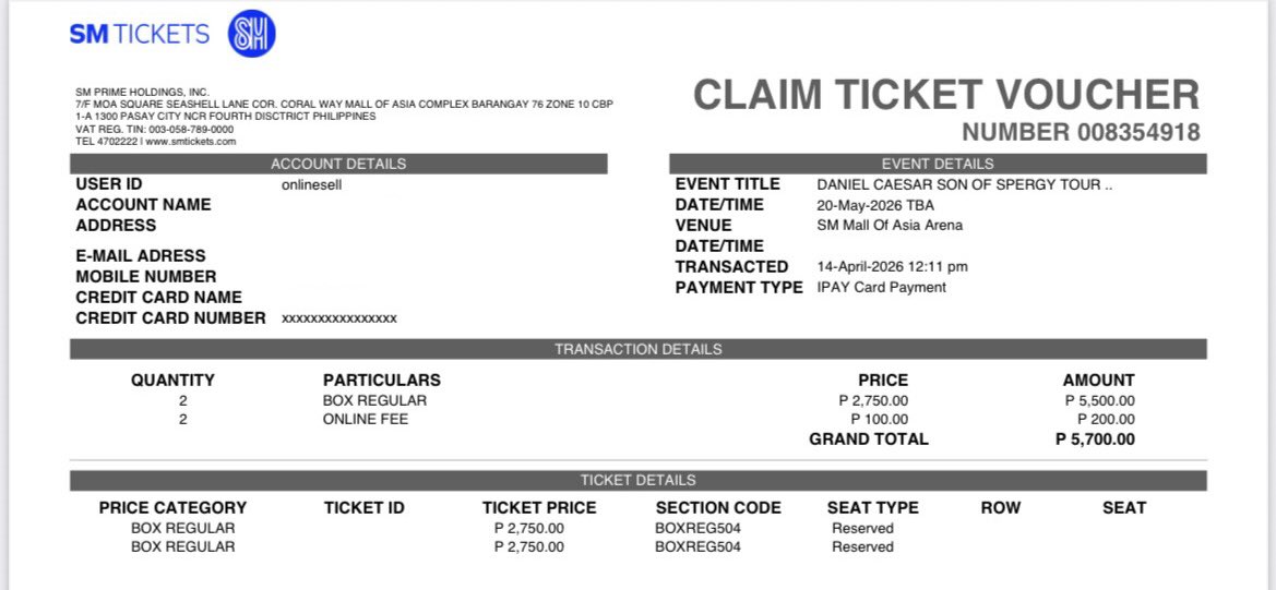 nctzen_neo's tweet photo. ‼️SELLING‼️
-2 BOXREG 504, row-B (day2)
-adjacent
-3.1k each 
-payment upon meet up/kaliwaan no downpayment 
-unclaimed tickets, can claim together at SM CINEMA

→rfs: can’t attend anymore 

#DanielCaesarinManila

willing to meet up
📍pampanga or mnl🫶🏻 https://t.co/aolQ83dCa5