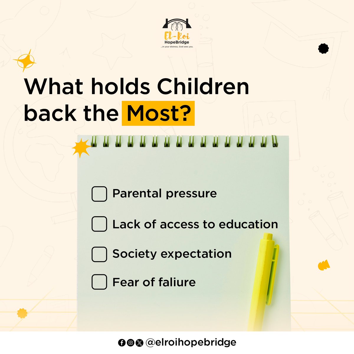 ElRoiHopeBridge's tweet photo. Different children. Different struggles. Same need — support. 💙

What do you think holds children back the most?

A. Parental pressure
B. Lack of access to education
C. Society’s expectations
D. Fear of failure

Vote and share your thoughts 👇
#ElRoiHopeBridge #ChildDevelopment https://t.co/ExzhXgTuXo