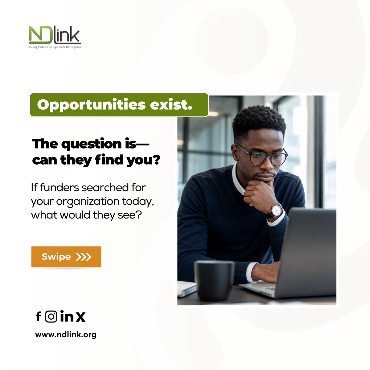 _NDLink's tweet photo. Are you chasing grants, or are grants chasing you? 🔍

In the Niger Delta, too many organizations remain invisible to the global funding radar. 

Donors are searching for credible, structured partners. Are you positioned to be found?

Visit https://t.co/PlPV7nMizi https://t.co/GrGR2MAyDT