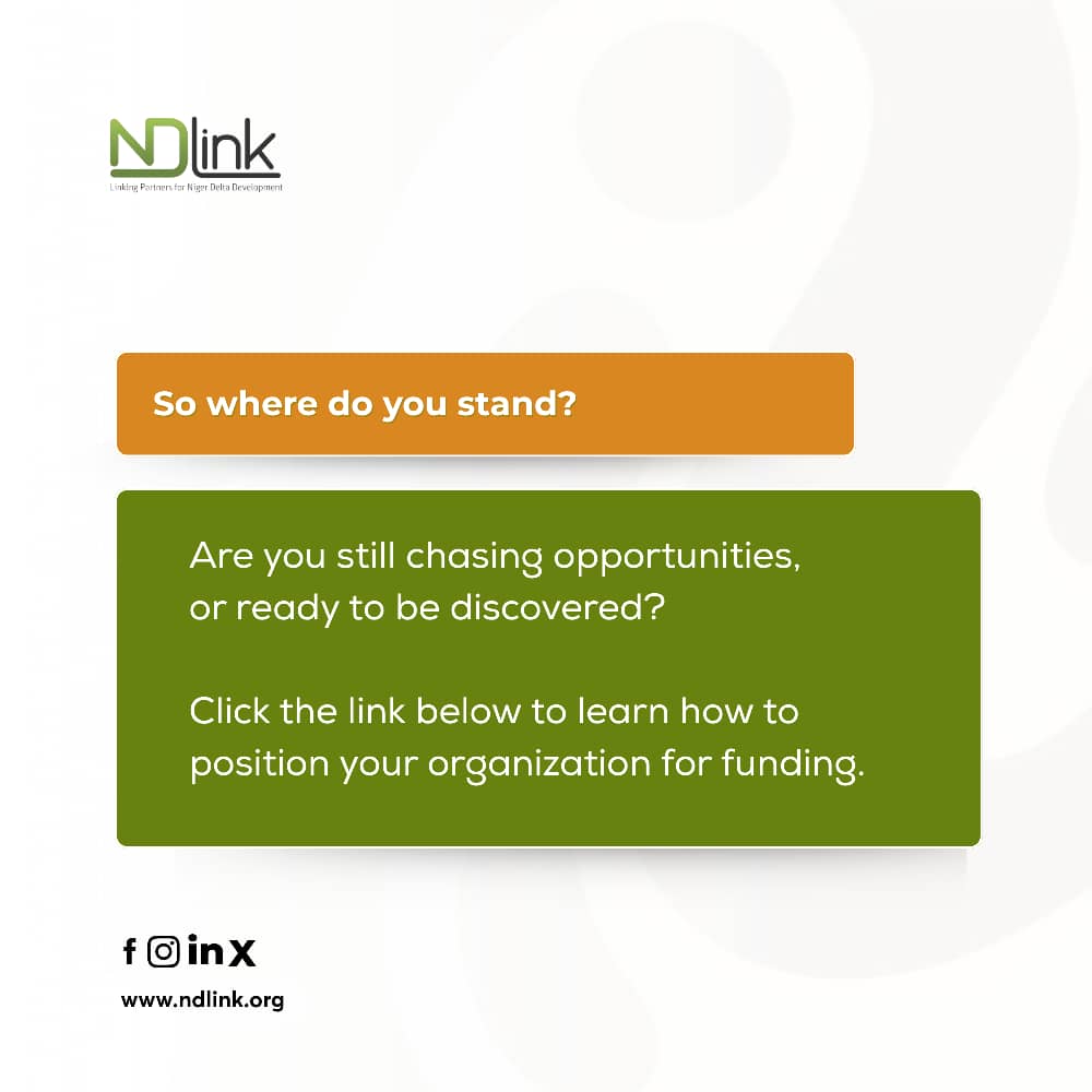 _NDLink's tweet photo. Are you chasing grants, or are grants chasing you? 🔍

In the Niger Delta, too many organizations remain invisible to the global funding radar. 

Donors are searching for credible, structured partners. Are you positioned to be found?

Visit https://t.co/PlPV7nMizi https://t.co/GrGR2MAyDT