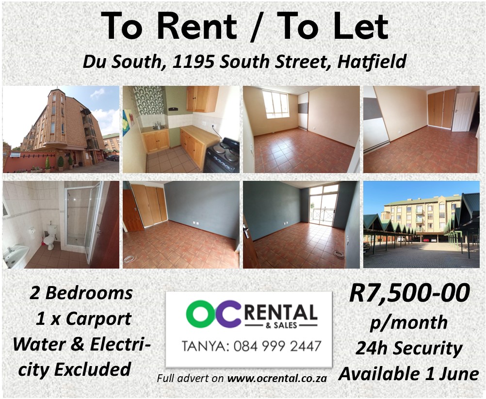 OCRentHatfield's tweet photo. Two bedroom apartment to rent in Du South, South St, Hatfield. Perfect for students / young professionals. Avaialble from 1 June 2026.
Water, electr and wifi Excluded &amp; for the tenant's own account. 
#OCRental #StudentAccommodation #StudenieldAccommodation #hatfield https://t.co/YY6xTO8ERn