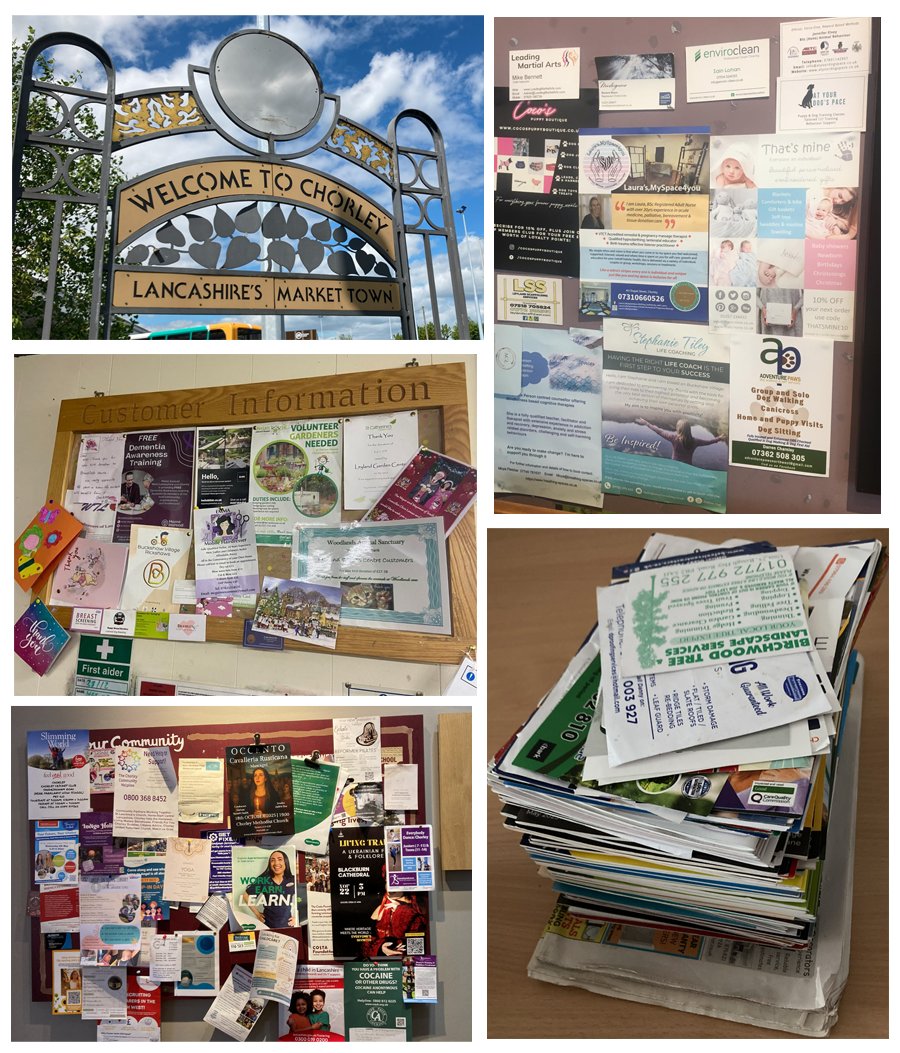 ChorleyTuesday's tweet photo. The GOAL:
➡️ Connect with as many #LocalBusinesses
➡️ Help increase their visibility
➡️ Support local growth across Chorley!

If you spot a community board anywhere around #Chorley with #LocalBusiness adverts, cards or leaflets, please take a clear photo and send it over to us! https://t.co/SakDciNtPR