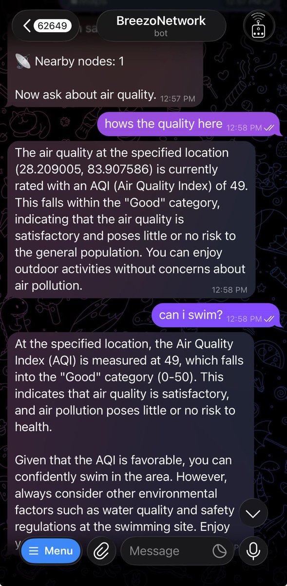 heyadixyz's tweet photo. pretty fun bot by @Breezo_Network 

> just share your location
> ask for weather
> can also ask for specific activity concerning weather

gg team @2005abinash @looneevaa 

try out: https://t.co/BbCtS8FmrG https://t.co/FRGsDmIqQE