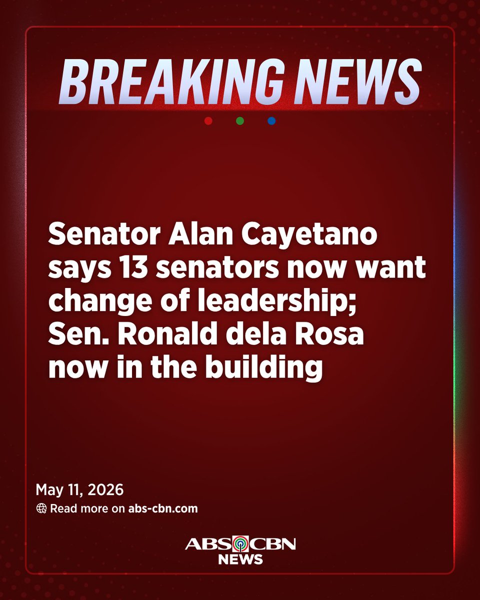 ABSCBNNews's tweet photo. BREAKING: Senator Alan Cayetano says 13 senators now want change of leadership; Sen. Ronald dela Rosa now in the building. | via @RG_Cruz12479 https://t.co/bqsuEeFyx6