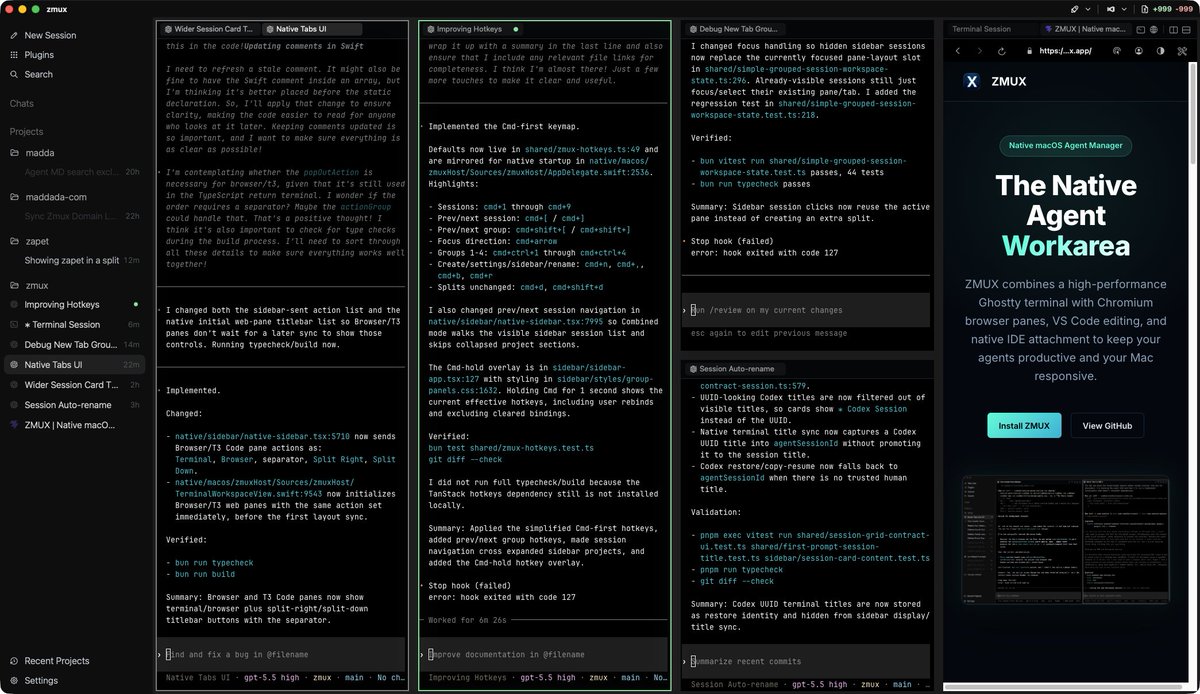 maddada's tweet photo. I know you saw this before but I can't wait to hear your thoughts so self promoting again 😅

Presenting @zmux_app: My temu Codex app that lets you place native Ghostty terminals any which way you want.

Cooking up a huge update that will come out soon with:

- A rich editor for CLI prompts 🤯 (ctrl + g and then edit with all your hotkeys in a floating window, even image pasting is supported)
- Pop out mode 
- Tabs and splits
- Better hotkeys  
- Lots of bug fixes

Testing droid is top of my list for this week too.
